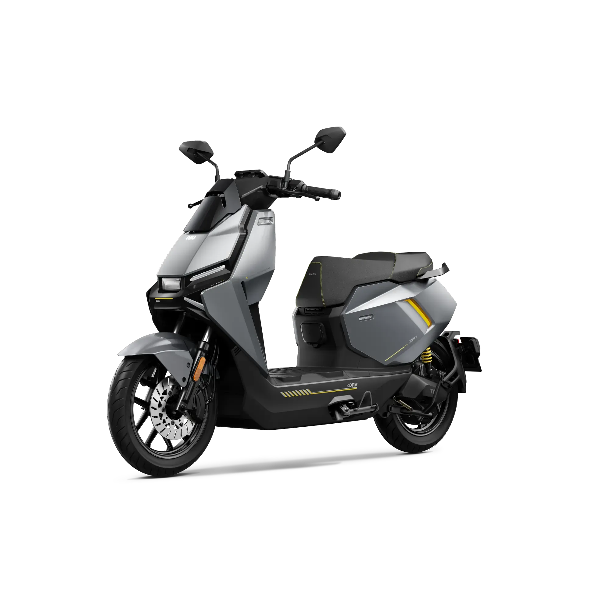 Der NIU FQiX 150 - Elektroroller Urban Armor für den modernen Fahrer von NIU ist in Silber und Schwarz mit gelben Akzenten gehalten und hebt sein schlankes Design, die Rückspiegel und den breiten Sitz vor einem schlichten weißen Hintergrund hervor.