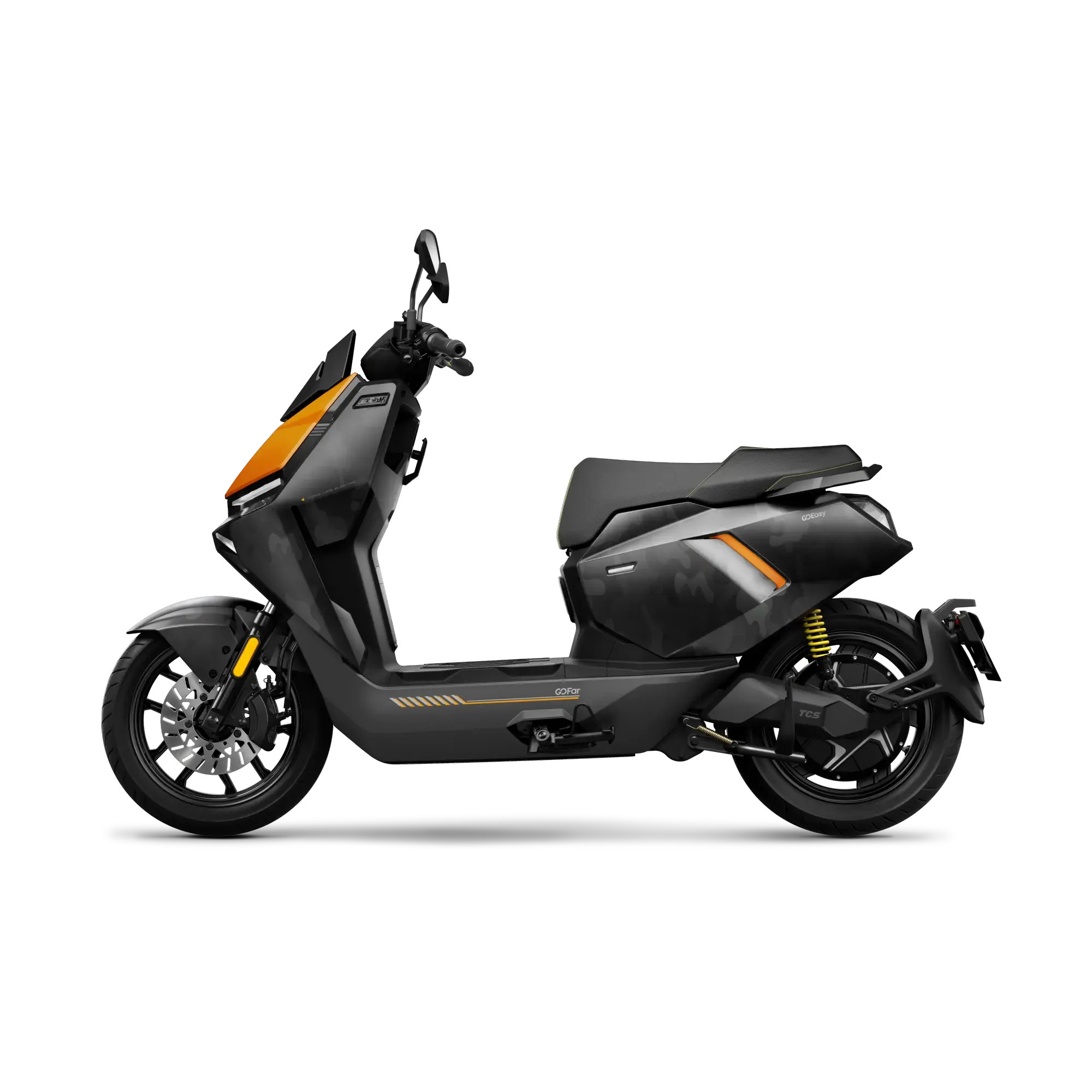 Der NIU FQiX 150 Elektroroller Urban Armor von NIU, hier im Profil auf weißem Hintergrund, zeichnet sich durch ein modernes schwarz-oranges Design, Scheibenbremsen, einen bequemen Sitz und eine sichtbare Federung hinten aus.