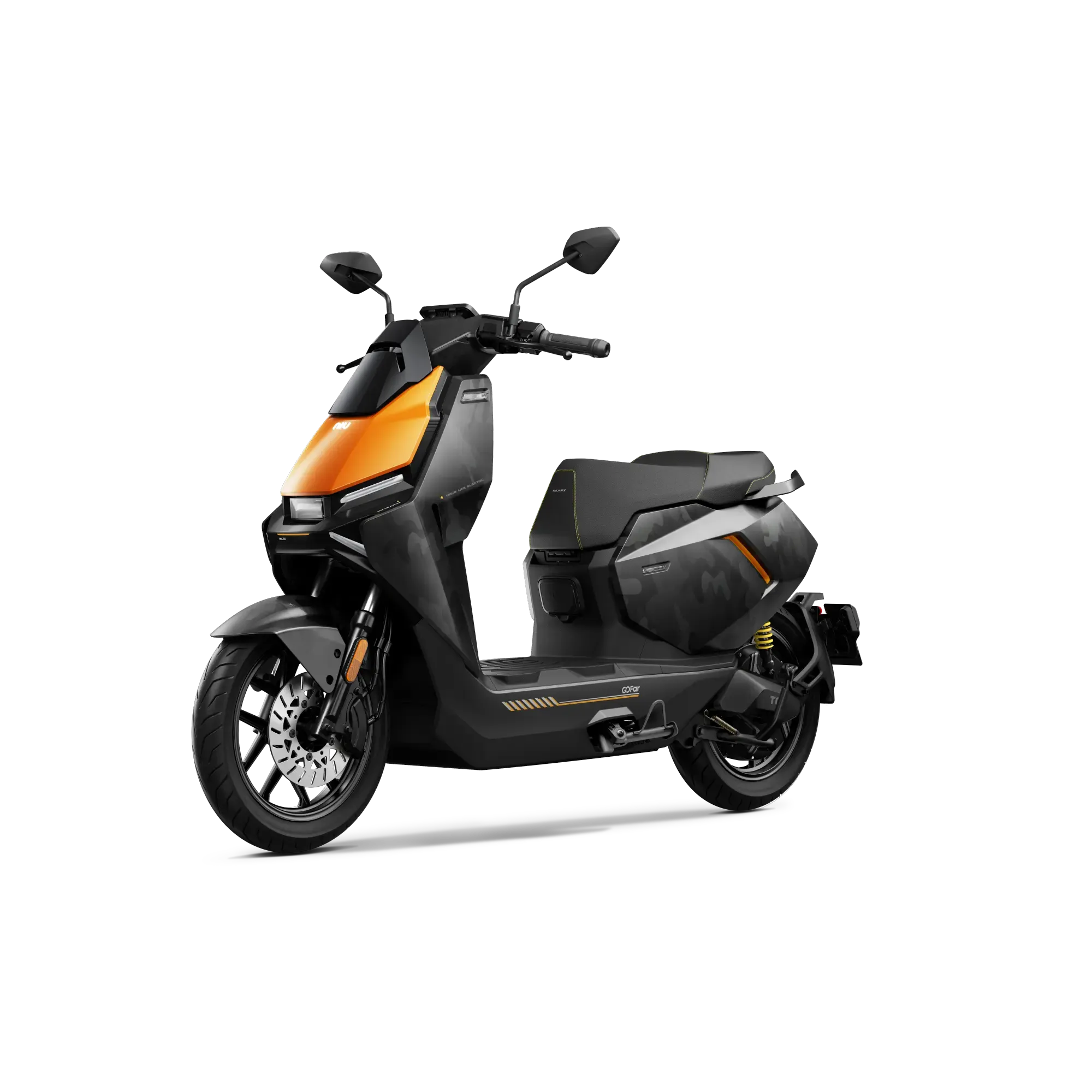 Der NIU FQiX 150 Elektroroller Urban Armor für den modernen Fahrer, von NIU, präsentiert sich im Urban Armor Design mit mattschwarzem Body und orangenen Akzenten in Dreiviertelansicht vor weißem Hintergrund.