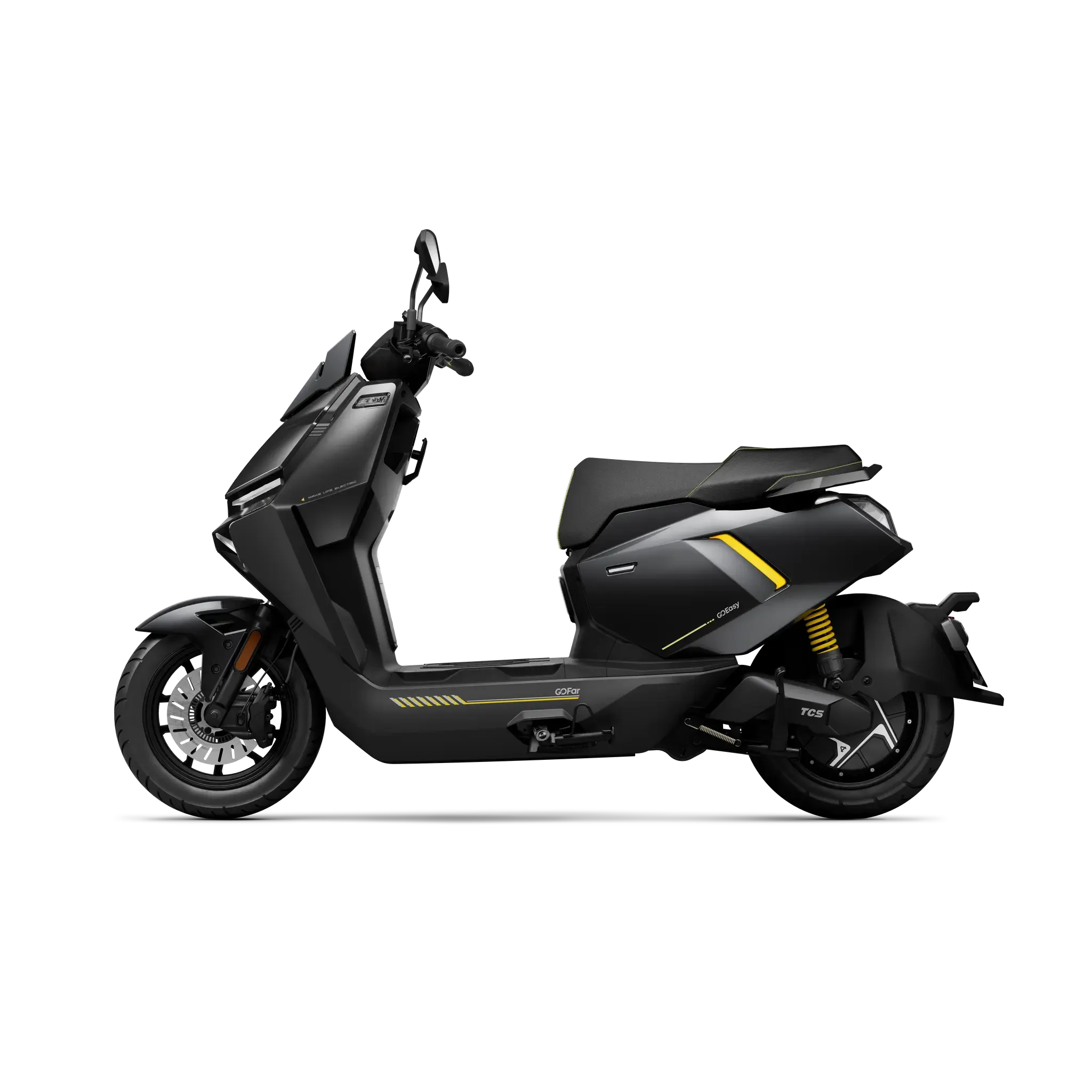 Der NIU FQiX 150 - Elektroroller Urban Armor für den modernen Fahrer, von NIU, zeichnet sich durch scharfe Kanten, gelbe Akzente, Urban Armor Design, digitales Armaturenbrett und hintere Federung aus - im Profil auf einem schlichten weißen Hintergrund.