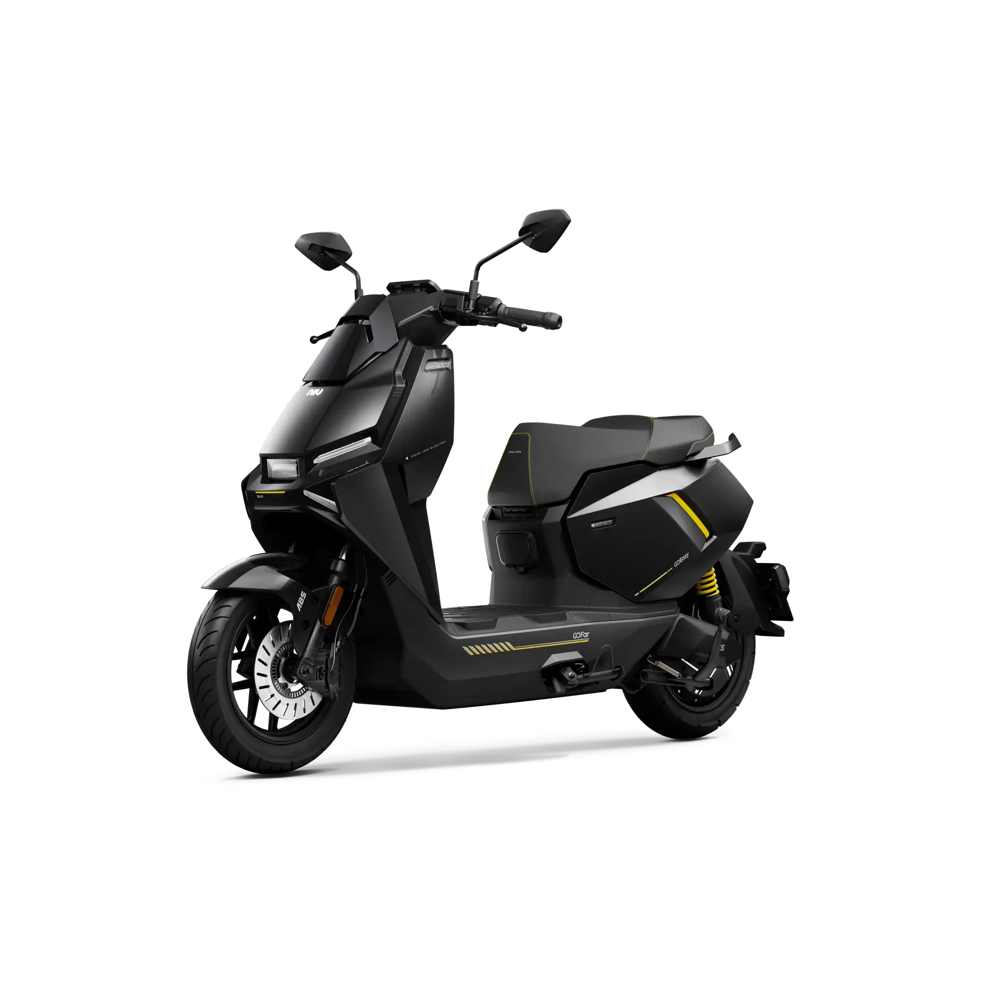 Der NIU FQiX 150 - Elektroroller Urban Armor für den modernen Fahrer von NIU ist ein moderner, schwarzer Elektroroller mit gelben Akzenten, kantigem Design, zwei Seitenspiegeln und kompaktem Sitz vor weißem Hintergrund.