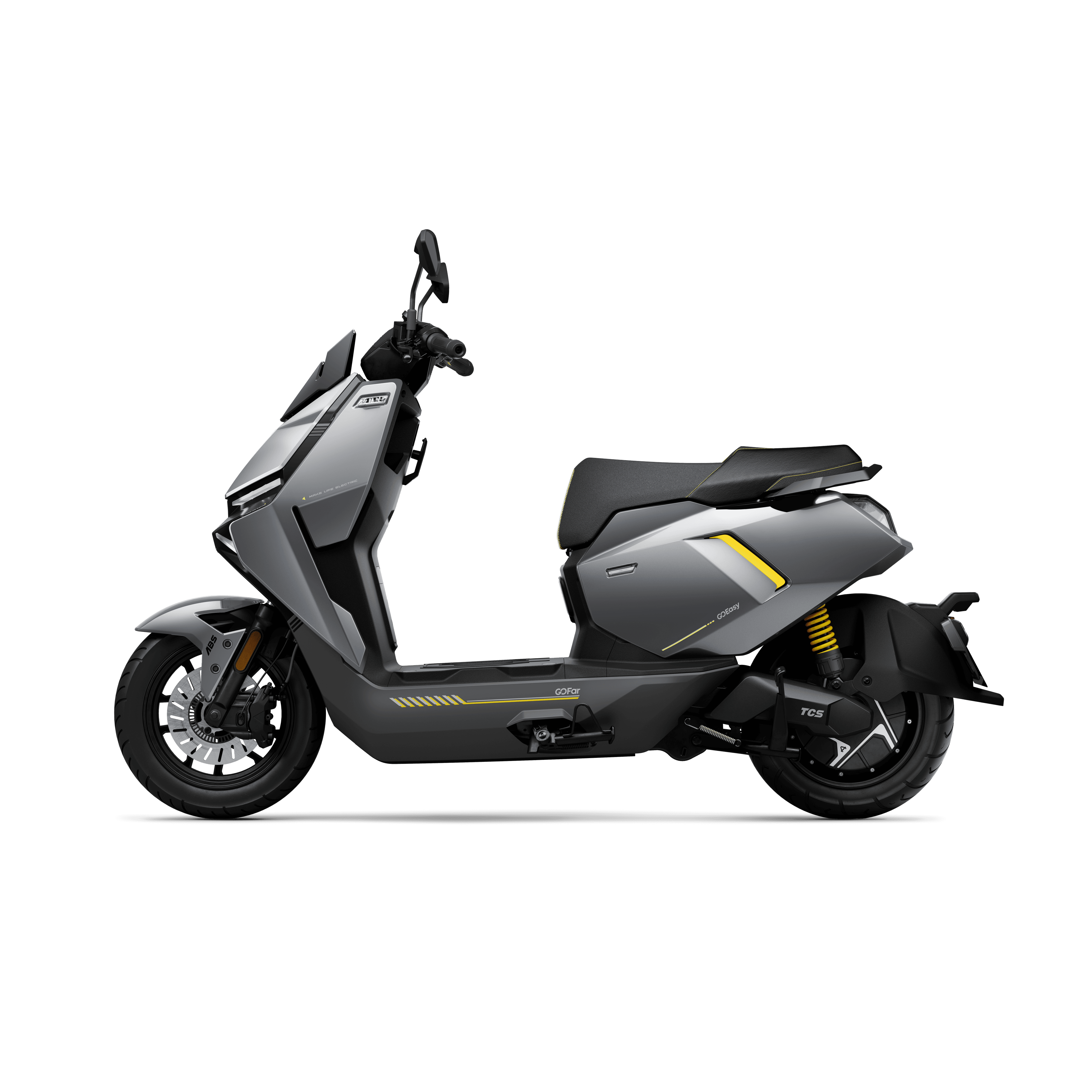 Der NIU FQiX 300 Elektroroller, abgebildet in Mattgrau mit gelben Akzenten und schwarzem Sitz, verfügt über einen leistungsstarken 3600-W-Motor, Dual-Akku, Leichtmetallräder und erreicht Geschwindigkeiten von bis zu 80 km/h. Schlankes Seitenprofil auf hellem Hintergrund.