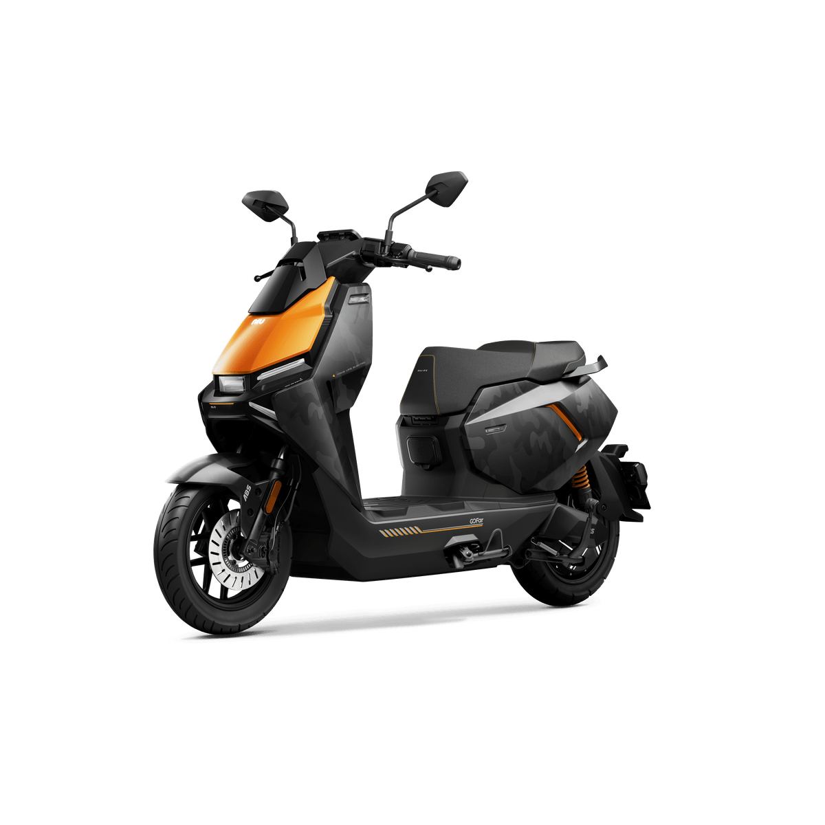 Der NIU FQiX 300 Elektroroller (80 km/h) in Mattschwarz mit orangefarbenen Akzenten verfügt über ABS, einen Doppelakku für eine Reichweite von 100 km, Navigation und Heckradar – elegant präsentiert vor einem schlichten weißen Hintergrund.