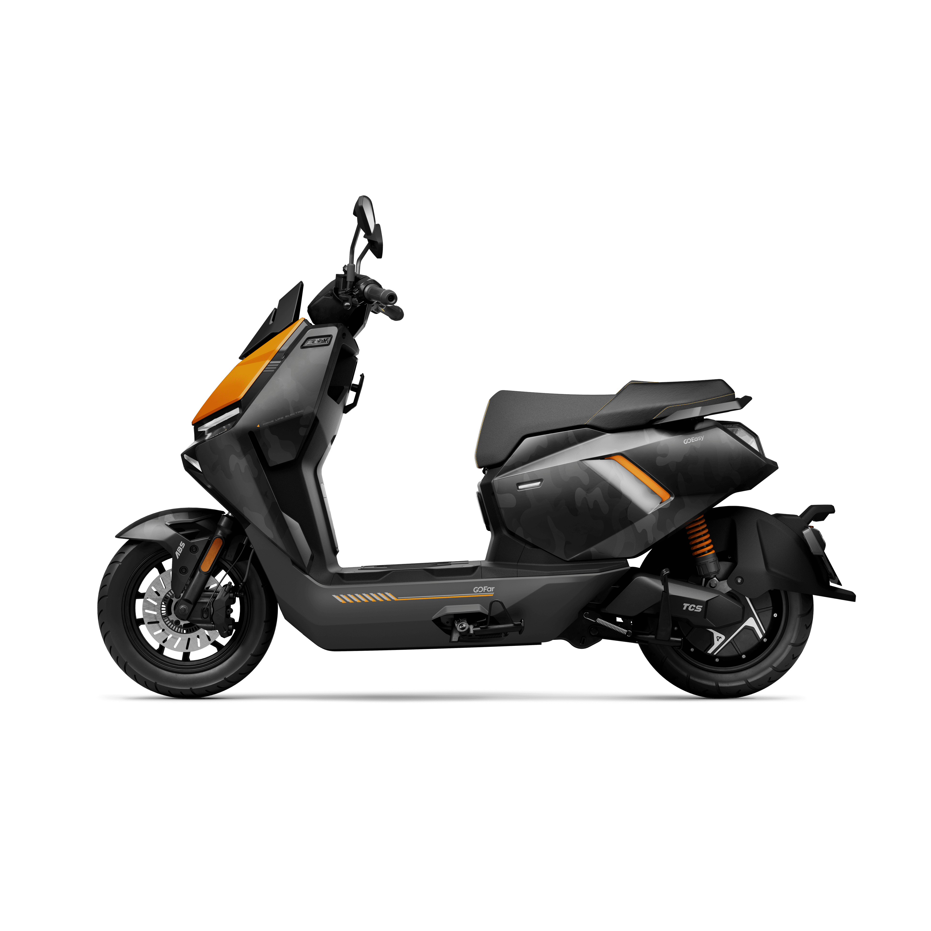 Seitenansicht des NIU FQiX 300 Elektroroller 80 km/h mit 3600W Motor und Dual-Akku von NIU in Schwarz-Orange mit modernem, kantigem Design vor weißem Hintergrund.