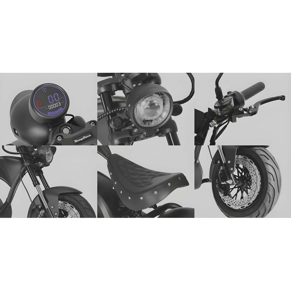 Collage eines schwarzen „Mangosteen E-Chopper“-Elektrorollers (Modell: Elektromotorrad M1PS, 4000 Watt, 85 km/h, 40 Ah Samsung-Lithium-Akku) mit dem Tacho, dem Scheinwerfer, dem Lenker, dem Vorderrad mit Scheibenbremse und einer Nahaufnahme des Sitzes.