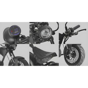 Collage eines schwarzen „Mangosteen E-Chopper“-Elektrorollers (Modell: Elektromotorrad M1PS, 4000 Watt, 85 km/h, 40 Ah Samsung-Lithium-Akku) mit dem Tacho, dem Scheinwerfer, dem Lenker, dem Vorderrad mit Scheibenbremse und einer Nahaufnahme des Sitzes.