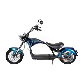 Ein eleganter Mangosteen E-Chopper M1P (30 Ah Akku, 45 km/h) mit großen Rädern, niedrigem Sitz und breitem Lenker wird von der Seite vor einem weißen Hintergrund gezeigt.