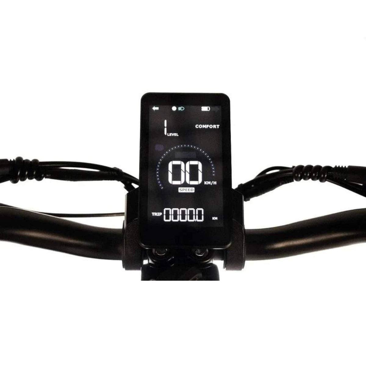 Eine Nahaufnahme des Lenkers des Wandler K/E 45 km/h mit Sitz und Straßenzulassung E-Rollers zeigt ein modernes Digitaldisplay, das perfekt zentriert ist und Geschwindigkeit, Ladestand, Komfortmodus sowie Fahrdaten anzeigt – alle auf Null. Diese innovative Technologie unterstreicht die fortschrittlichen Funktionen der urbanen Mobilitätslösungen von Wandler und stellt sie auf eine Stufe mit anderen beliebten E-Scooter-Modellen in Deutschland.