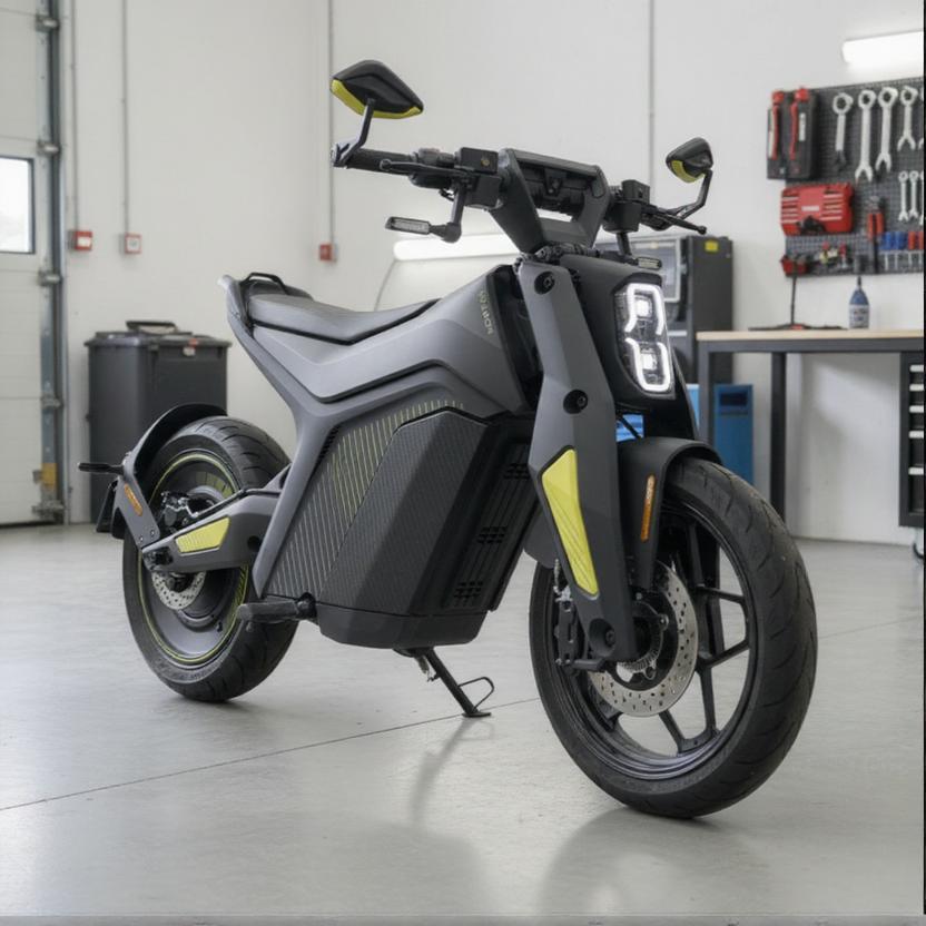 Ein NAXEON Elektro Motorrad Naxeon I AM. PRO - Ausstellungsfahrzeug - Black Friday Deal! in mattem Schwarz und Gelb steht in einer hellen Werkstatt und präsentiert sein digitales Display und seine geometrischen Paneele, hinter denen die Werkzeuge übersichtlich angeordnet sind.