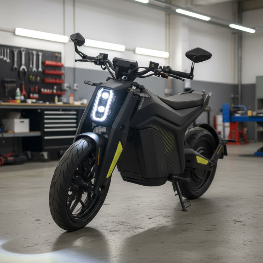 Das NAXEON Elektro Motorrad Naxeon I AM. PRO - Ausstellungsfahrzeug steht in einer modernen Garage und repräsentiert mit seinem kantigen schwarzen Design und dem LED-Scheinwerfer modernste Elektromobilität. Verpassen Sie nicht den Black Friday Deal!.