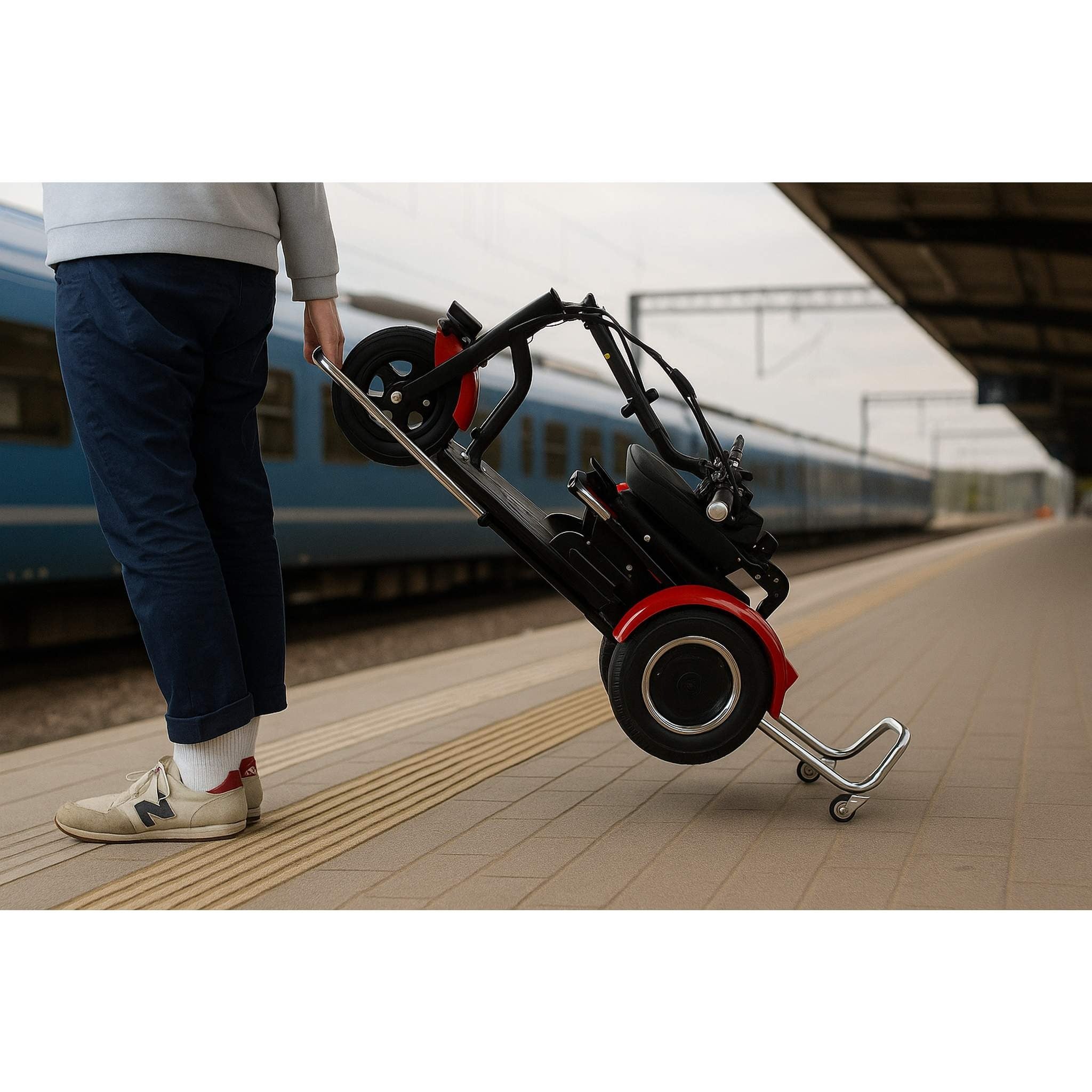 Eine Person in blauer Hose und weißen Turnschuhen kippt den SONS OF ELECTRICITY Mobot Krankenfahrstuhl/Seniorenmobil (15 km/h, faltbar & leicht, mit Straßenzulassung) auf einen Bahnsteig, während im Hintergrund ein blauer Zug wartet.