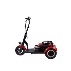 Das SONS OF ELECTRICITY Seniorenmobil / Mobilitätshilfe Mobot PRO 10,5 Ah 3Rad - zusammenklappbar, in rot und schwarz mit gepolstertem Sitz, breiten Reifen und Lenker, ist im Profil auf weißem Grund abgebildet - ideal als stilvolle Mobilitätshilfe.
