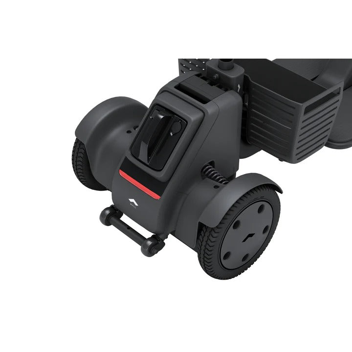 Nahaufnahme des WHILL Model R 3-Rad wendiger Mobilitätsroller von Whill, im schwarzen Design mit rotem Streifen, strukturierten Reifen und kleinem Lenker vorne. Das Seniorenmobil (6 km/h) steht vor weißem Hintergrund.