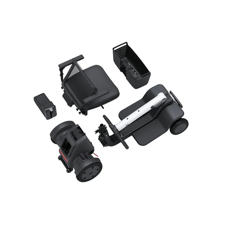 Die demontierten Teile des WHILL Modells R 4-Rad von Whill, ein schwarz-weißer Mobilitätsroller für Senioren (6 km/h, schnell zu montieren), einschließlich Sitz, Batterie, Korb, Räder und Rahmen, sind getrennt auf einem weißen Hintergrund angeordnet.
