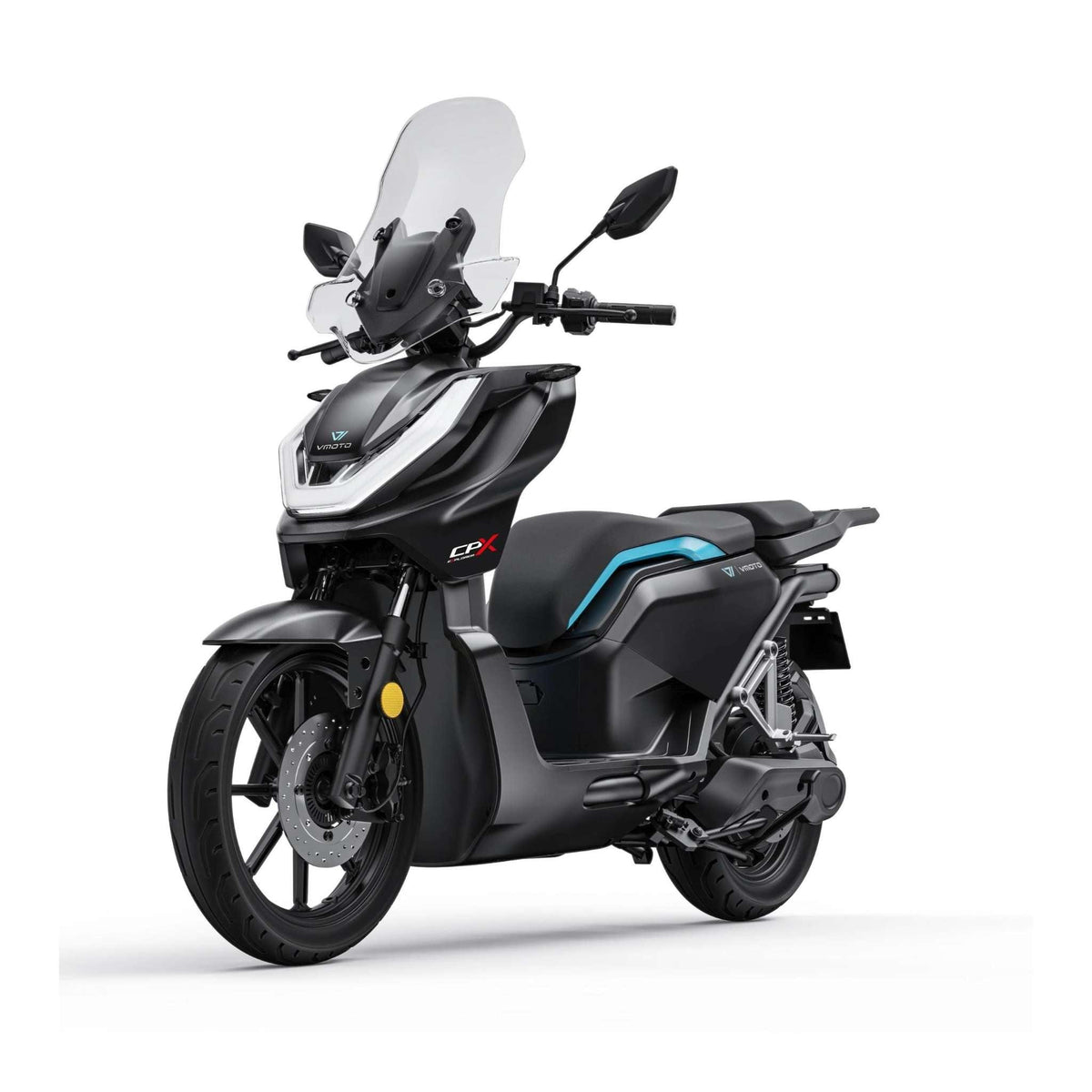 Der VMOTO CPX Explorer ABS Elektroroller in elegantem Schwarz verfügt über eine Windschutzscheibe, LED-Scheinwerfer, blaue Akzente, einen Durchstiegsrahmen und Seitenspiegel – perfekt für die Mobilität in der Stadt. Technische Daten: 105 km/h, 74 V, 2 × 45 Ah.