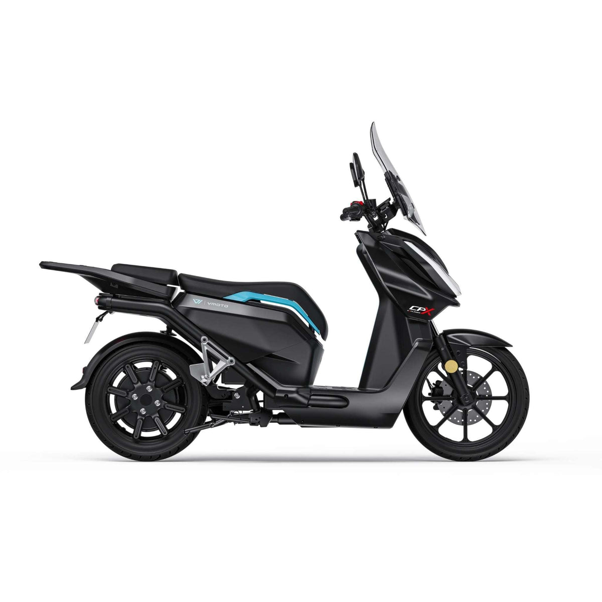 Der VMOTO CPX Explorer ABS Elektroroller in Schwarz mit blauen Akzenten ist im Profil vor weißem Hintergrund abgebildet und verfügt über eine Windschutzscheibe, einen Gepäckträger sowie ein elegantes Design – ideal für die moderne urbane Mobilität.