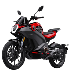 Dreiviertel-Vorderansicht eines rot-schwarzen VMOTO Stash Elektro Motorrad 120 km/h | Elektromotorrad mit ABS.