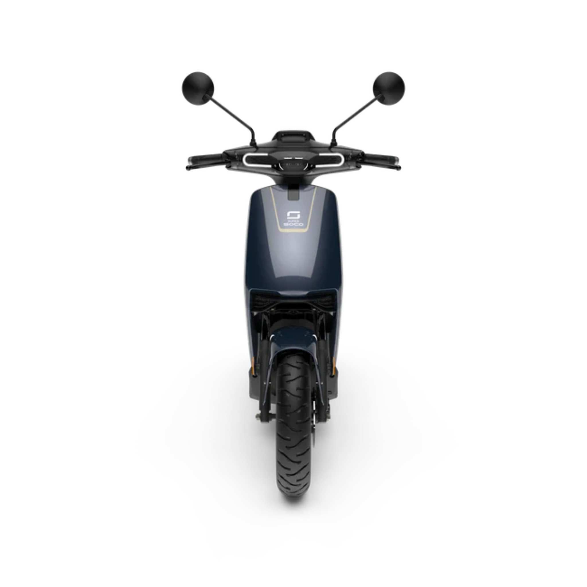 Frontansicht des Super Soco Elektroroller CUx Pro E-Scooters in Marineblau, mit schwarzem Lenker, runden Spiegeln und einem großen Scheinwerfer, der von einem Bosch-Motor angetrieben wird; isoliert auf weißem Hintergrund.