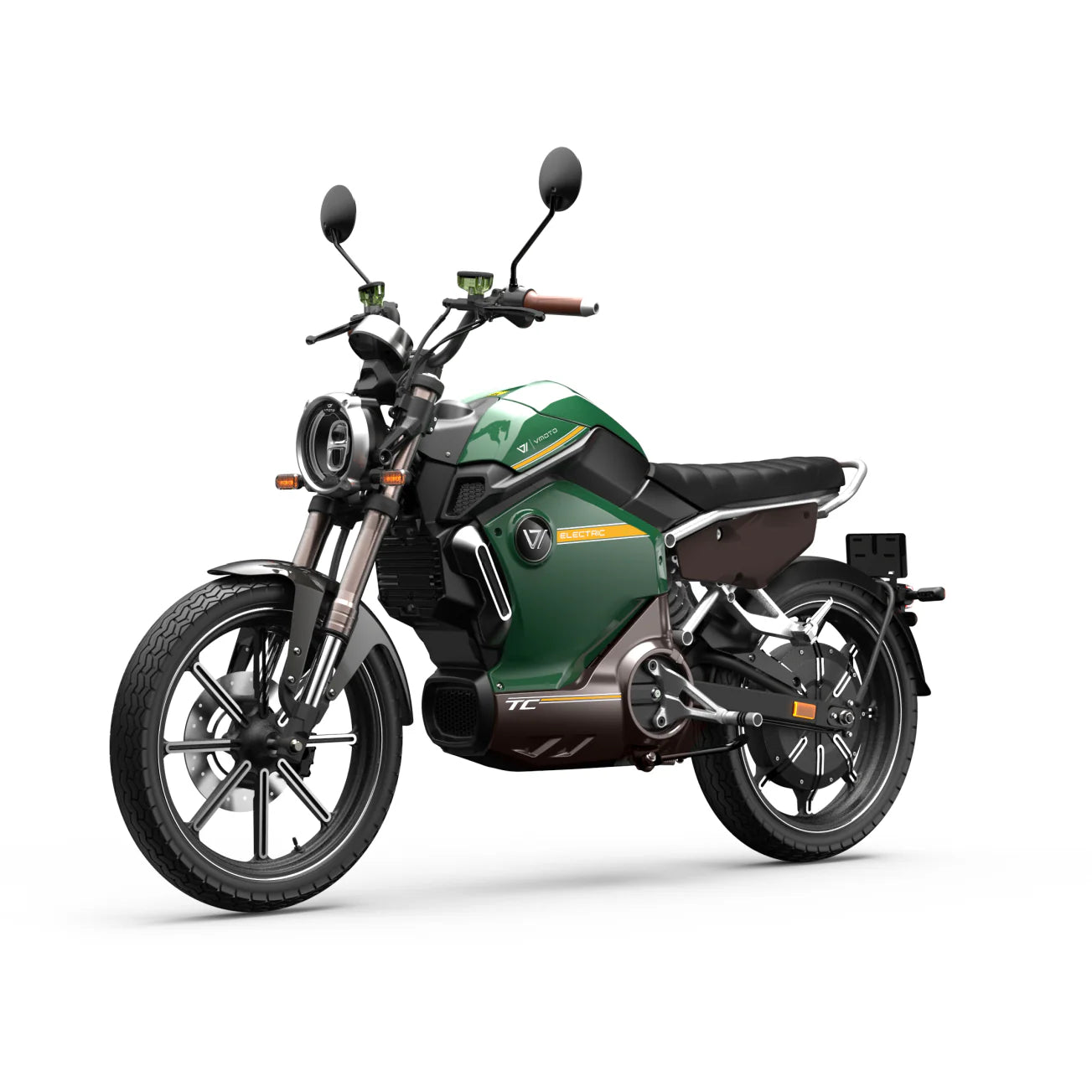 Der VMOTO TC 72V, ein grün-schwarzer Elektroroller im Café-Racer-Design von VMOTO, besticht durch sein Retro-Design mit rundem Scheinwerfer, Seitenspiegeln und Leichtmetallfelgen. Abgebildet auf weißem Hintergrund in einer Dreiviertel-Vorderansicht.