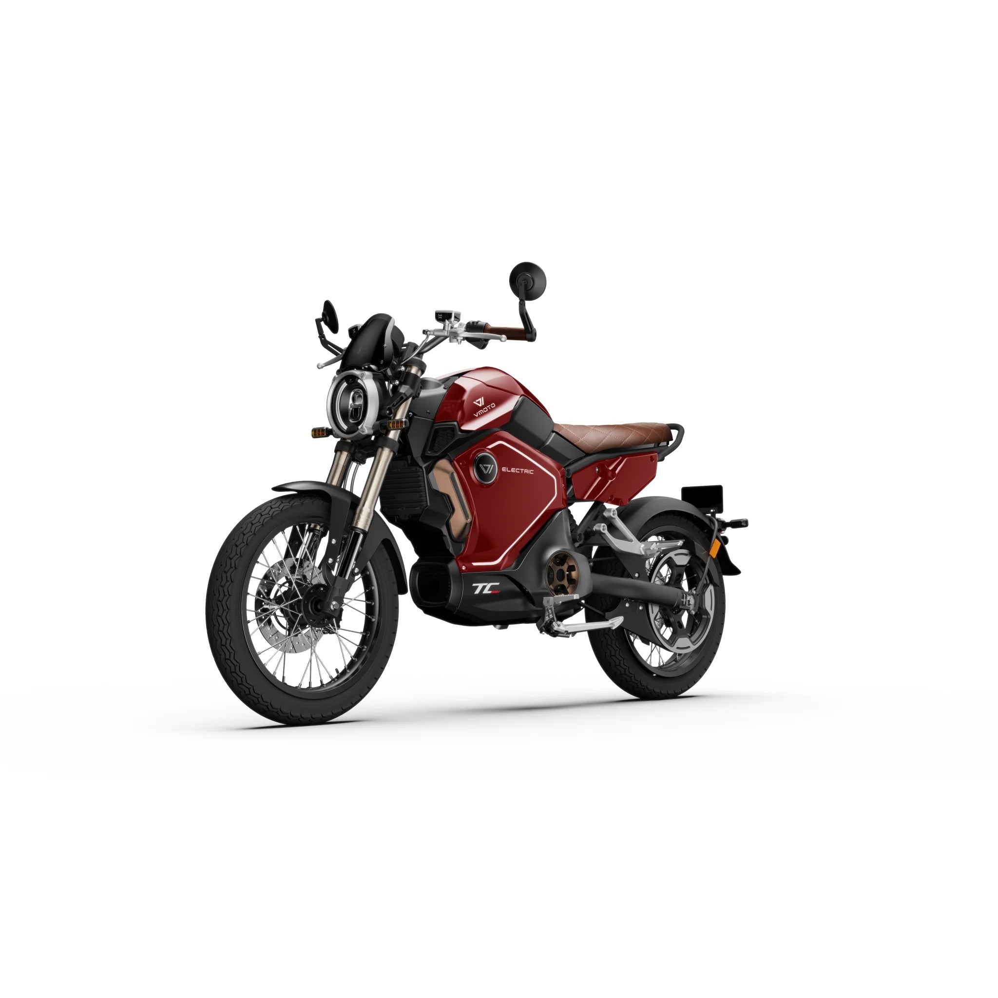 Ein rot-braunes SUPER SOCO TC MAX 95 km/h E-Motorrad von Super Soco mit Retro-Design, rundem Scheinwerfer, runden Spiegeln und Speichenrädern, fotografiert vor einem schlichten weißen Hintergrund.