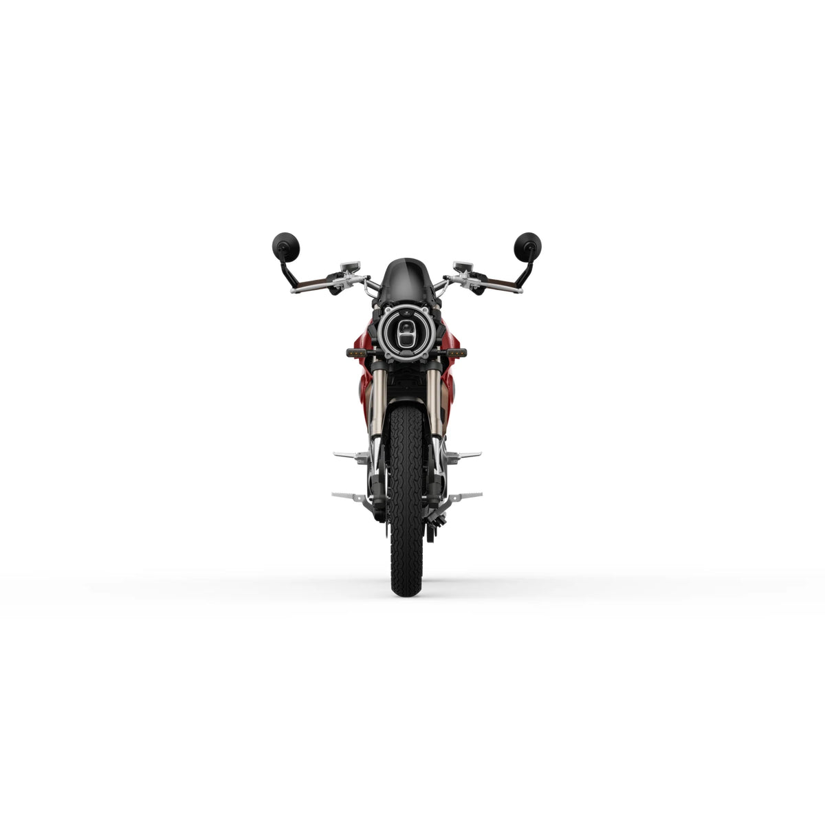 Vorderansicht des modernen, schwarz-roten E-Motorrads SUPER SOCO TC MAX 95 km/h von VMOTO vor weißem Hintergrund, wobei der Scheinwerfer, der Lenker, die Spiegel und der Vorderreifen besonders hervorgehoben sind. Dieses Elektromotorrad besticht durch fortschrittliche Technologie für ein innovatives Fahrerlebnis.