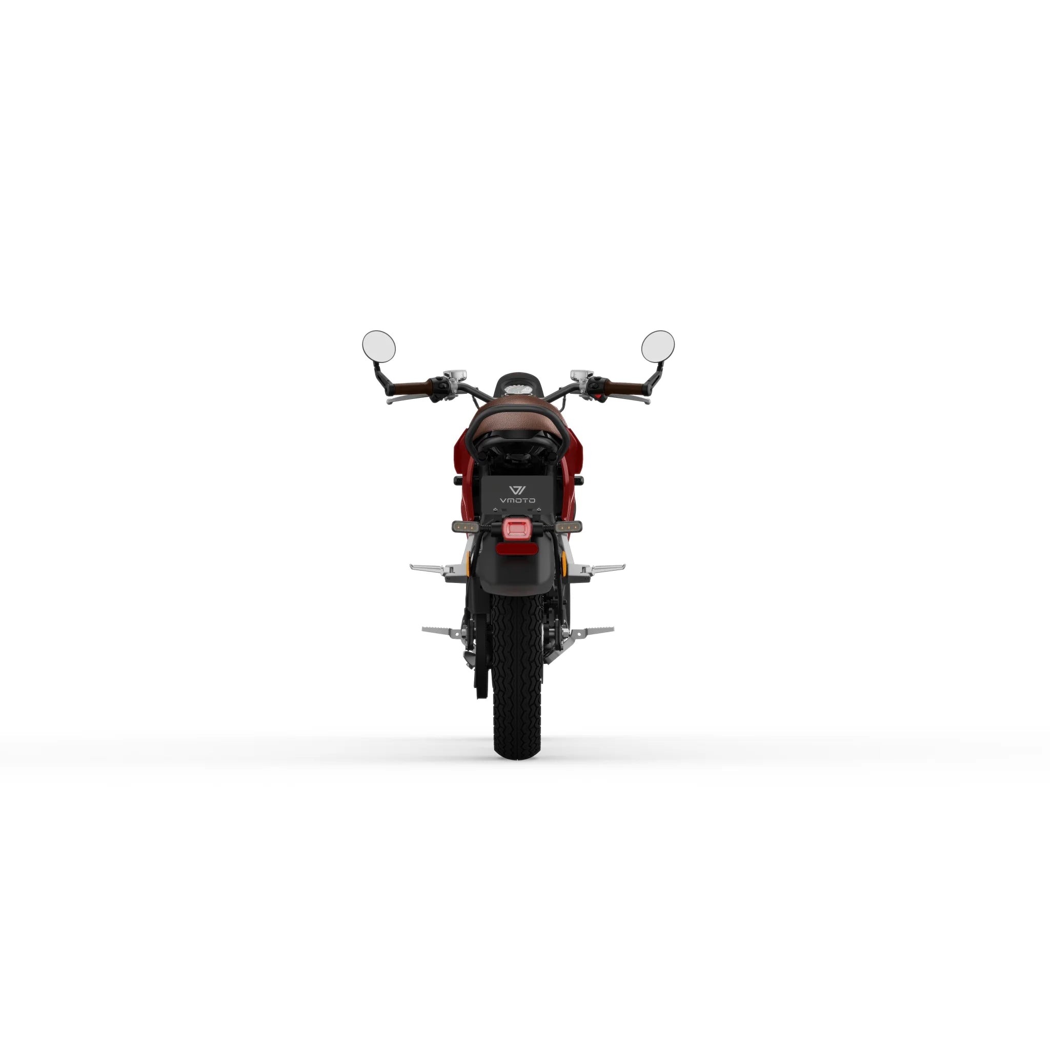 Rückansicht eines roten Super Soco SUPER SOCO TC MAX 95 km/h E-Motorrads mit zwei Seitenspiegeln, schwarzem Sitz und Chromdetails, zentriert auf weißem Hintergrund – eine Mischung aus klassischem Stil und moderner Technologie.