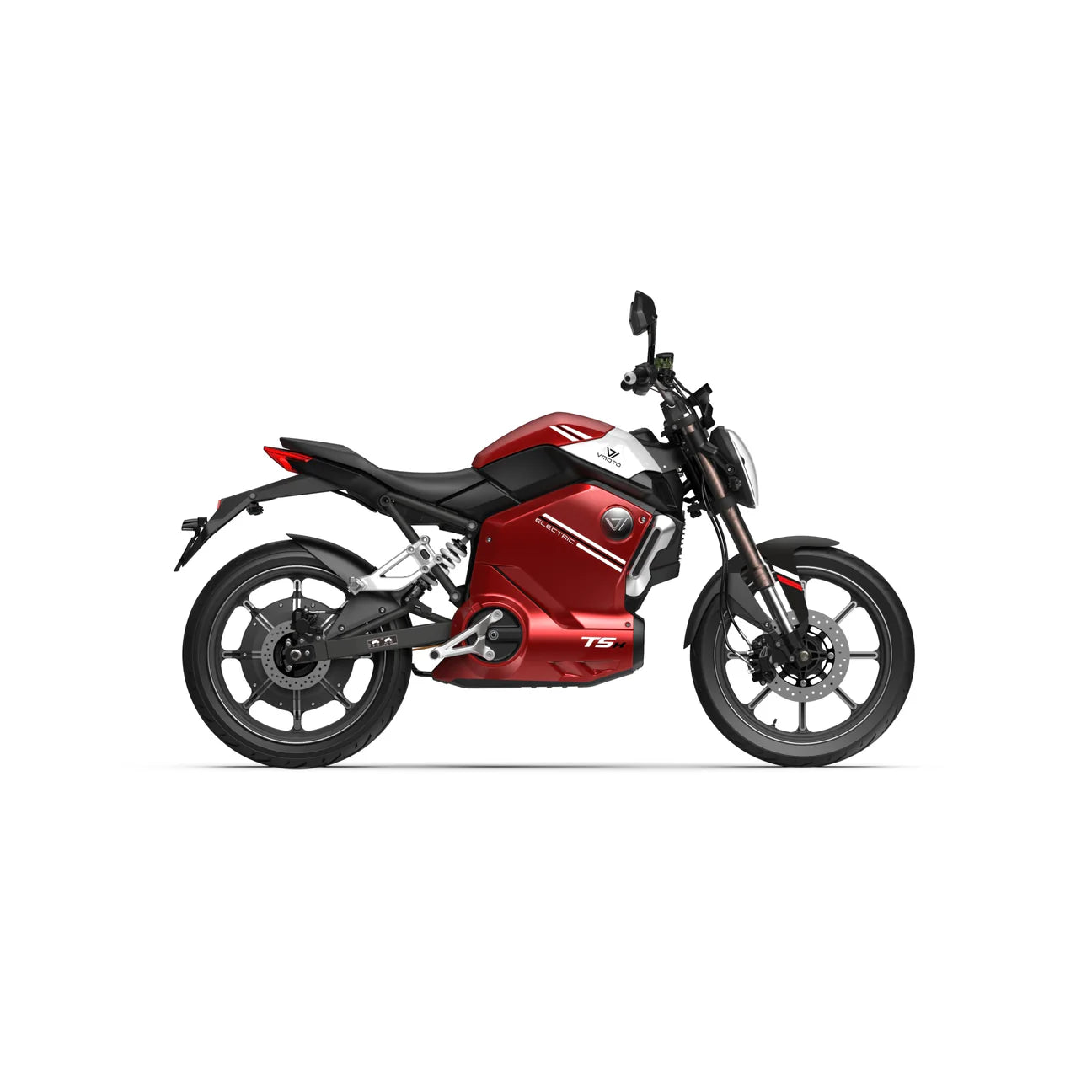 Seitenansicht des VMOTO TSX 72V Elektrorollers in rot und schwarz, mit modernem Motorrad-Design, ausgestelltem Rahmen, stylischen Rädern und leistungsstarker 72V-Batterie. Marke: VMOTO.