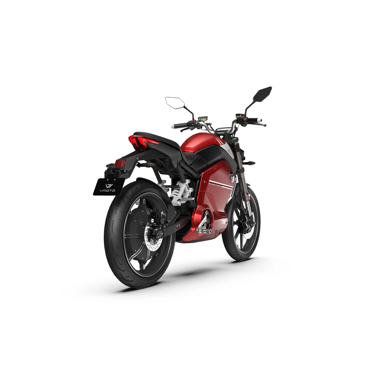 Ein VMOTO TSX 72V Elektroroller im Motorrad-Design in Rot, aus schräg hinten links gesehen: markante Reifenprofile, schwarzer Sitz, Spiegel und minimalistisch gehaltener Heckkotflügel vor weißem Hintergrund.