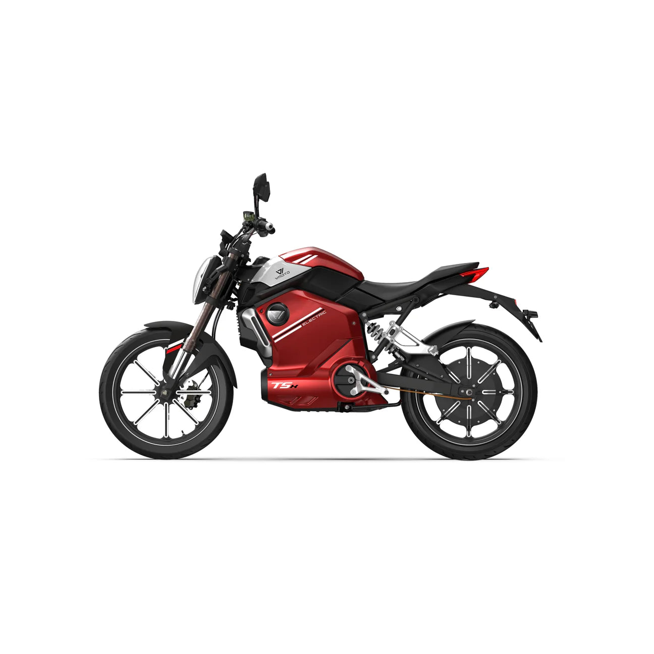Eine Seitenansicht des VMOTO TSX 72V, ein leistungsstarker 45 km/h schneller roter Elektroroller im modernen Motorrad-Design mit schwarzen Rädern, dargestellt auf einem schlichten weißen Hintergrund.