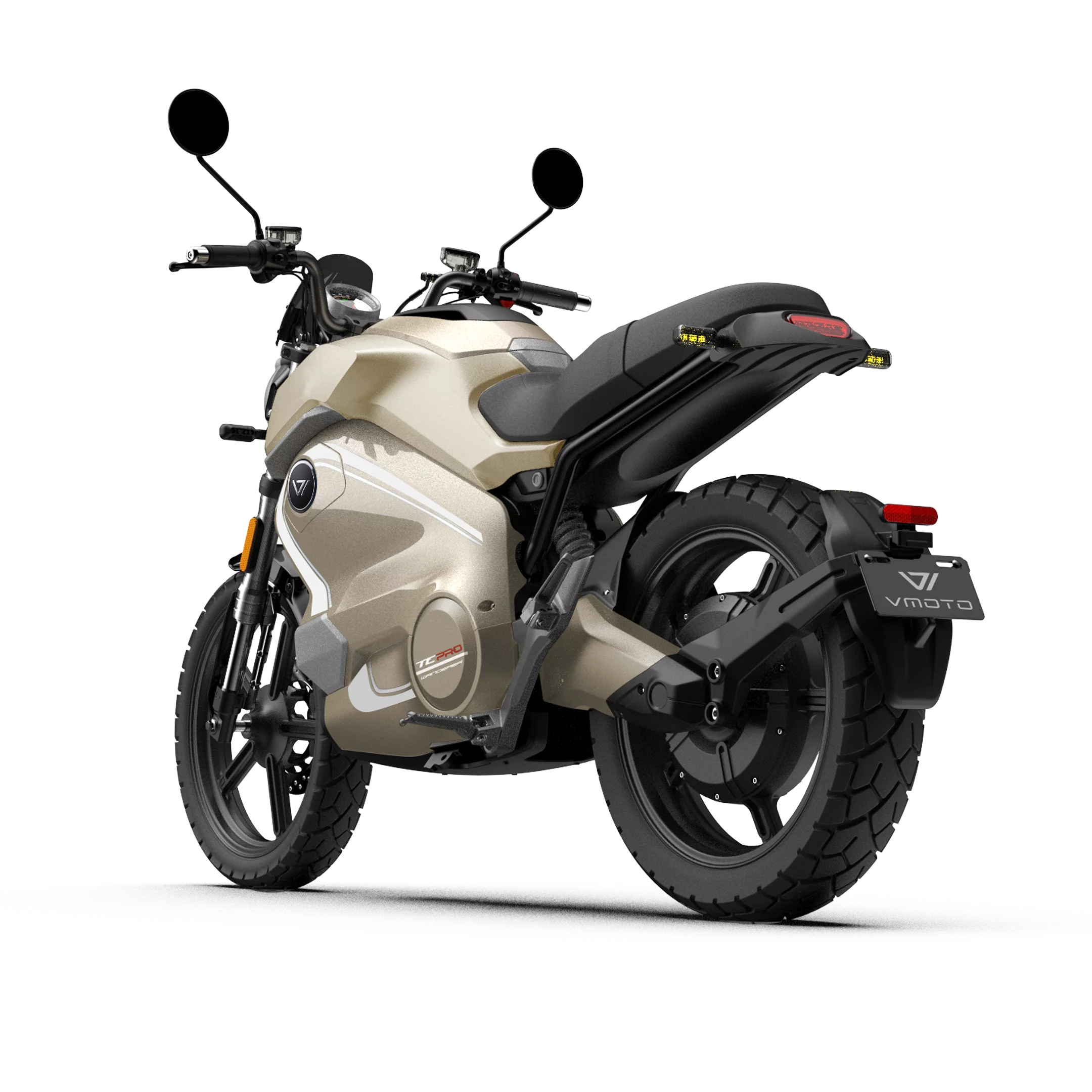 Das VMOTO TC Wanderer Pro E-Motorrad in Beige wird von hinten gezeigt, wobei die dicken Reifen, der schwarze Sitz, die Seitenspiegel und der hintere Kotflügel mit dem VMOTO-Kennzeichen hervorgehoben werden.