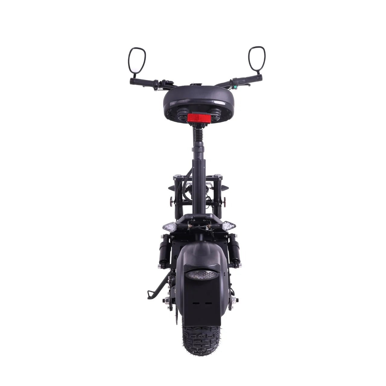 Rückansicht des Wandler WANDLER-A/E Allrad 45 km/h E-Scooters (2×1500 W, bis 80 km Reichweite) mit Straßenzulassung, Seitenspiegeln, profiliertem Hinterreifen, Rücklicht und erhöhtem Sitz vor weißem Hintergrund.