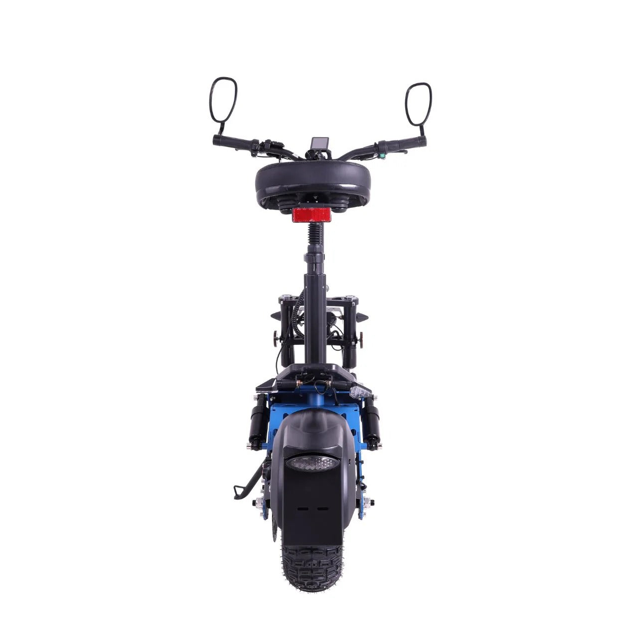 Frontansicht des Wandler WANDLER-A/E Allrad 45 km/h E-Scooters (2×1500 W, bis zu 80 km Reichweite), mit Lenker mit Spiegeln, Frontlicht, Reifen und Federung vor einem schlichten weißen Hintergrund.