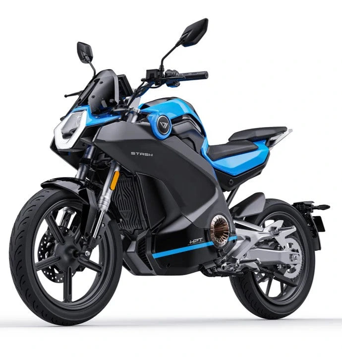 VMOTO Stash Elektroroller in Blau, Dreiviertelansicht von vorne – sportlicher E-Roller mit 120 km/h und ABS, erhältlich bei SONS OF ELECTRICITY, Dortmund, Deutschland
