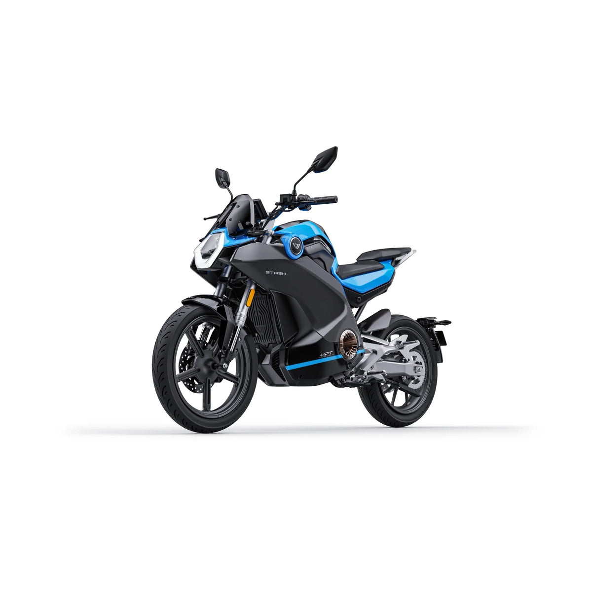 Ein schwarz-blaues VMOTO Stash Elektro-Motorrad mit einer Höchstgeschwindigkeit von 120 km/h und ABS von VMOTO, das sich durch ein sportliches Design, einen großen Scheinwerfer und Rückspiegel auszeichnet, steht vor einem schlichten weißen Hintergrund und unterstreicht damit die moderne E-Mobilität.