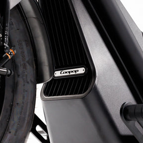 Nahaufnahme des Rahmens des Coopop Bobber E-Chopper, auf der ein Teil des Hinterreifens und ein Metalltypenschild mit dem Coopop-Logo zu sehen sind – die das markante Design und den leistungsstarken 45 km/h-Elektroantrieb unterstreichen.