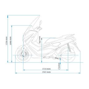 Strichzeichnung des Trinity Jupiter GT 300 Elektrorollers (Modell 2026) mit den Abmessungen: Höhe 1390 mm, Lenkerhöhe 765 mm, Sitzhöhe 770 mm, Radstand 1510 mm, Gesamtlänge 1965 mm. Idealer E-Roller für bis zu 125 km/h und 280 km Reichweite.
