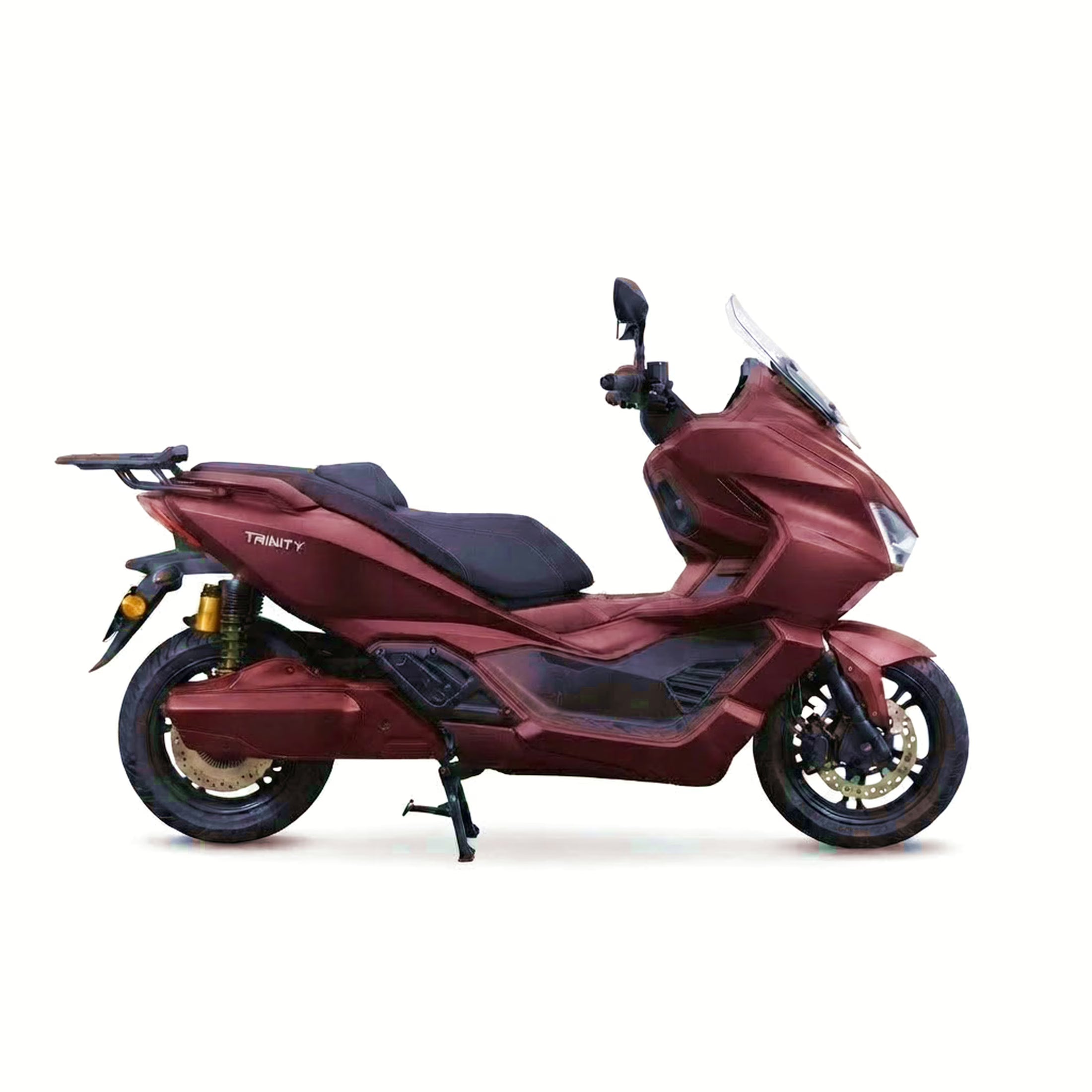 Der Trinity Saturn GT 300 Elektroroller von Trinity ist ein burgunderroter E-Scooter mit modernem Design, schwarzem Sitz und goldenen Stoßdämpfern, hier in Seitenansicht vor weißem Hintergrund abgebildet. Höchstgeschwindigkeit: 140 km/h, Reichweite: 310 km.