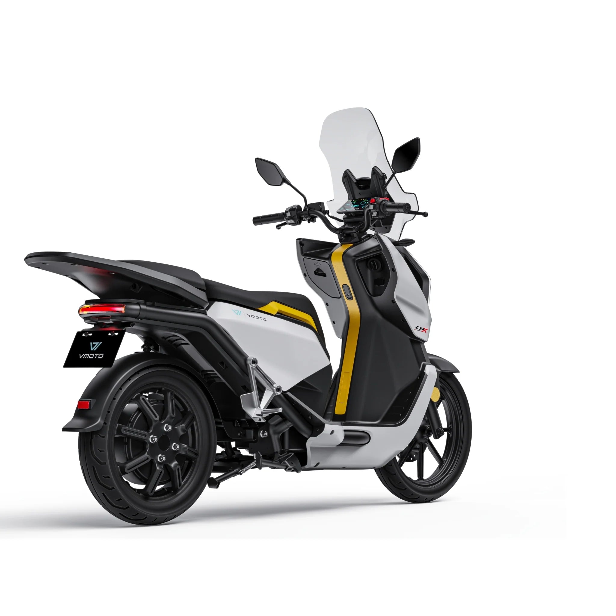 Der VMOTO CPX Explorer ABS Elektroroller (74V, 2x45Ah) in Weiß und Schwarz mit gelben Akzenten zeigt sich in der Heckansicht mit hoher Windschutzscheibe, Digitalanzeige und sportlich-urbanem Design. Höchstgeschwindigkeit: 105 km/h.