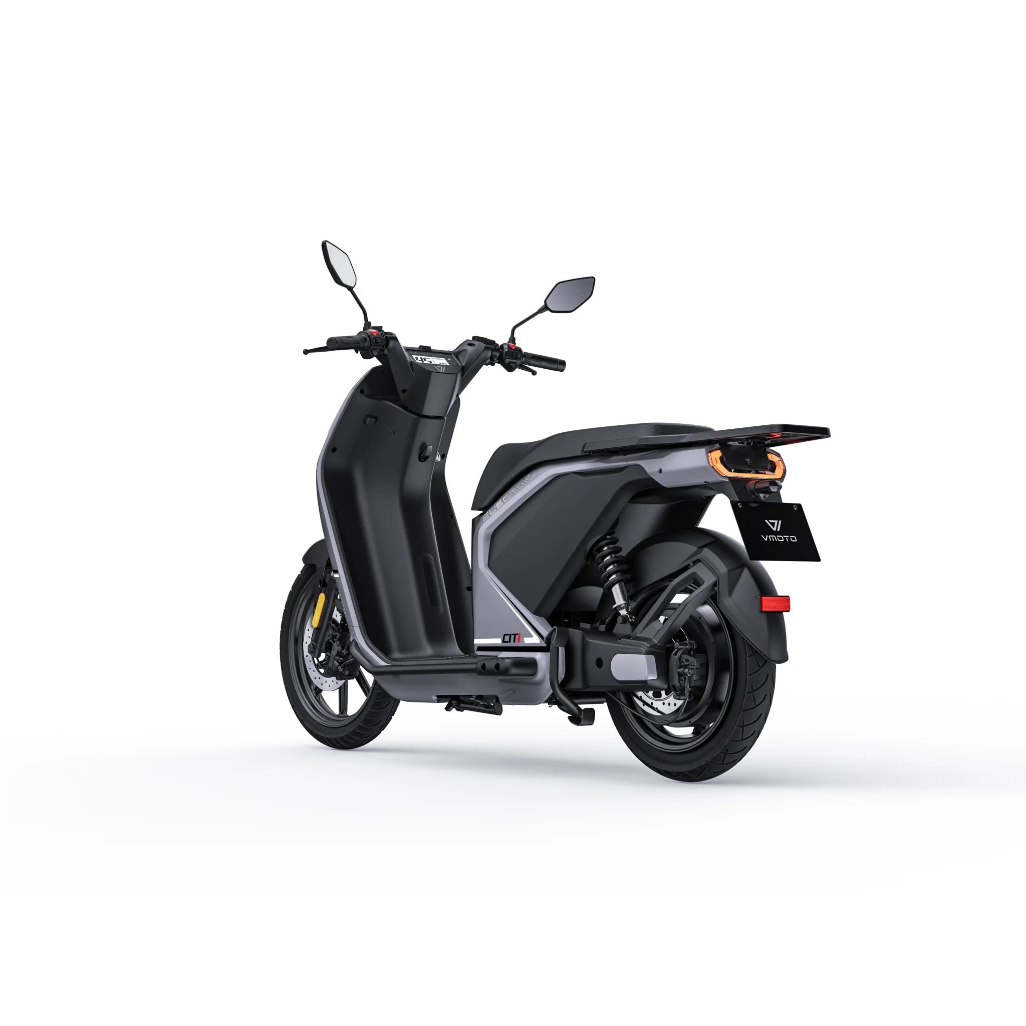 VMOTO CITI Elektroroller in Grau, Dreiviertelansicht von hinten – urbaner E-Roller mit 80 km/h, erhältlich bei SONS OF ELECTRICITY, Dortmund, Deutschland