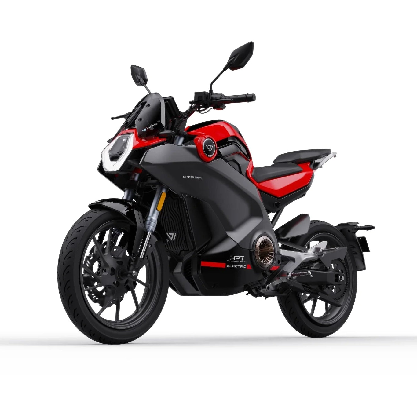 Das VMOTO Stash Elektro-Motorrad mit einer Höchstgeschwindigkeit von 120 km/h und ABS, in Schwarz und Rot, wird aus einem vorderen Seitenwinkel vor weißem Hintergrund gezeigt, wobei sein kantiges Design, die LED-Scheinwerfer, die sportlichen Details und die fortschrittliche E-Mobilität besonders hervorgehoben werden.