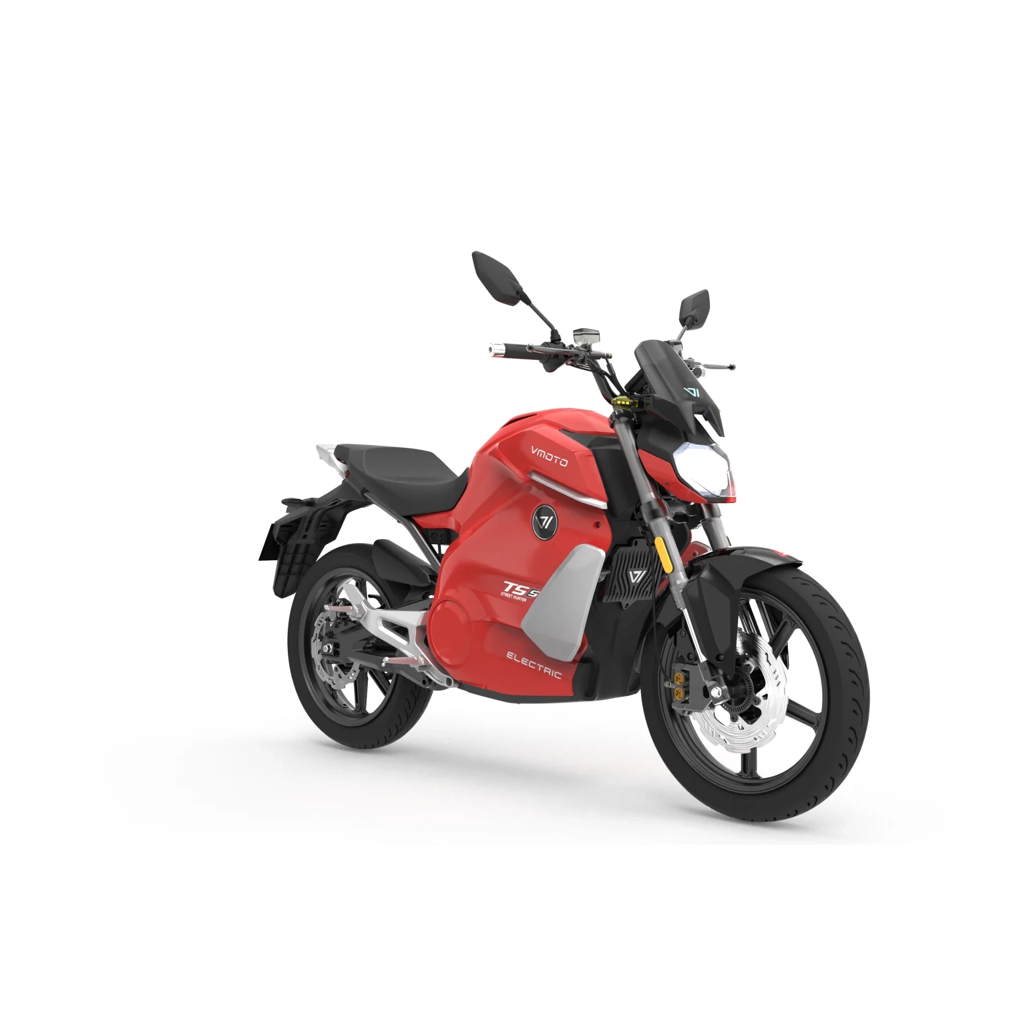 Ein VMOTO E-Motorrad TS Street Hunter S 105 km/h in Rot mit schwarzen und silbernen Akzenten steht auf seinem Ständer, von vorne gesehen vor einem schlichten weißen Hintergrund.