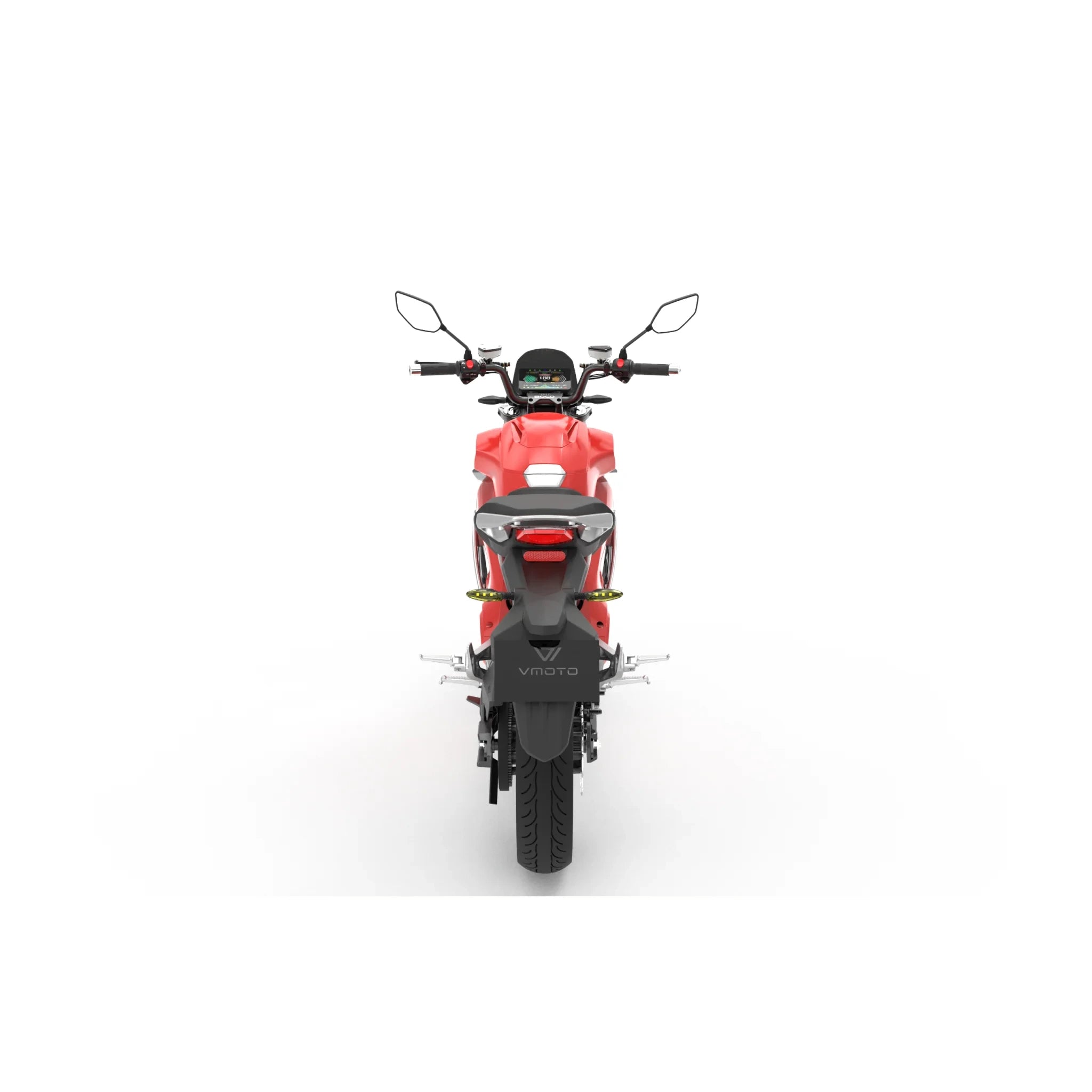 Rückansicht eines roten VMOTO E-Motorrad TS Street Hunter S 105 km/h mit schwarzen Akzenten, Seitenspiegeln und sichtbarem Lenker, zentriert auf weißem Hintergrund.