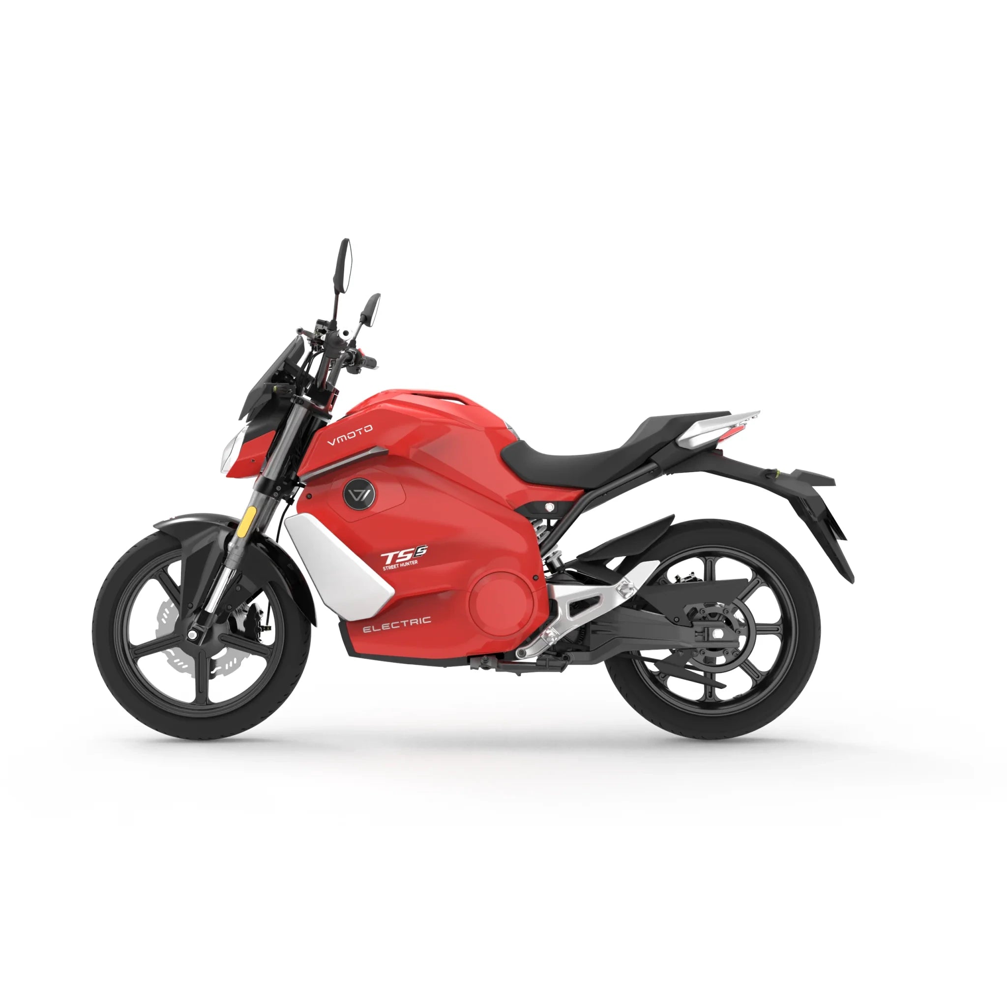 Ein rotes VMOTO E-Motorrad TS Street Hunter S 105 km/h wird im Profil auf weißem Hintergrund mit schwarzem Sitz, schwarzen Rädern, silbernen Akzenten und TS- und ELECTRIC-Aufschriften an der Seite gezeigt.
