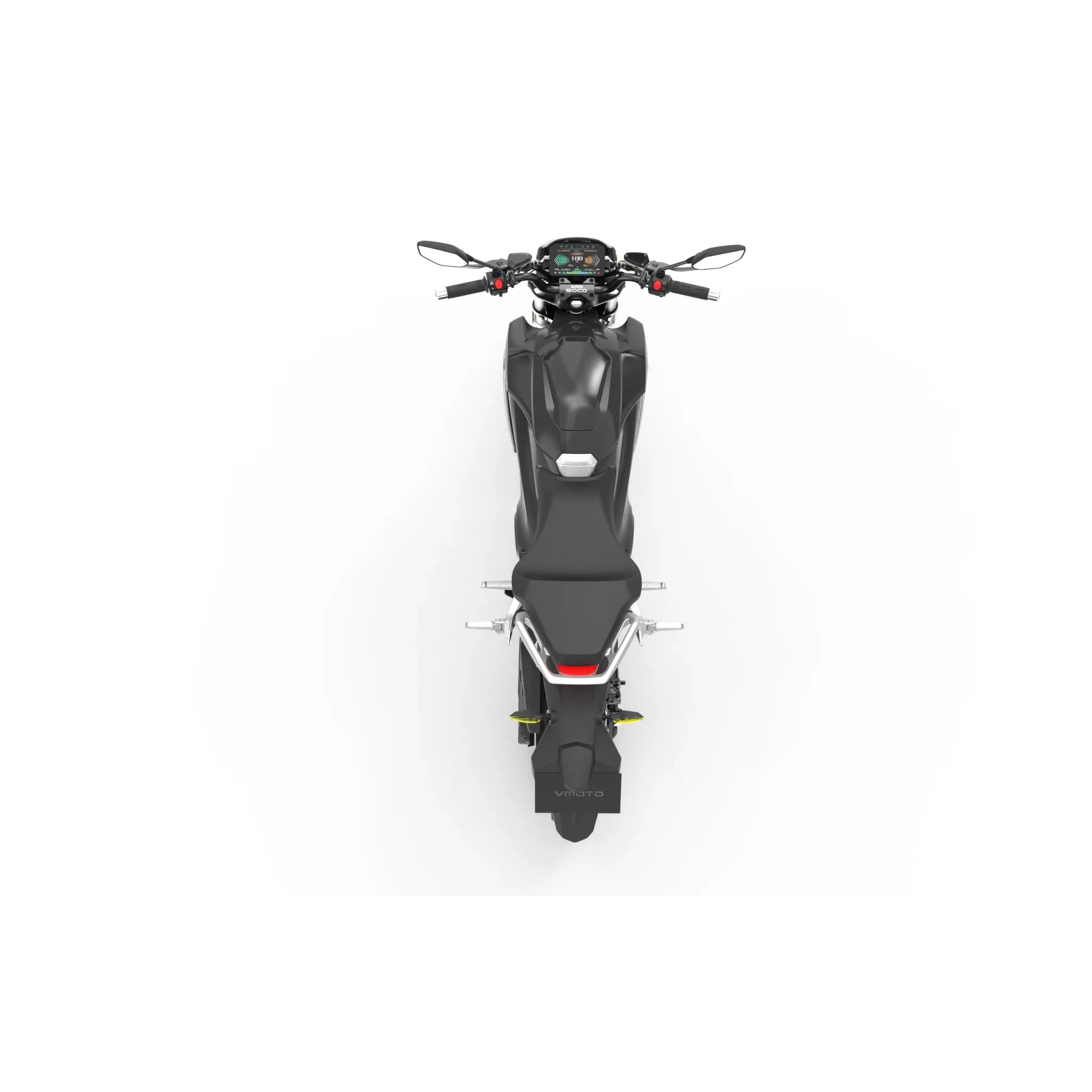 Draufsicht auf das VMOTO E-Motorrad TS Street Hunter S 105 km/h von VMOTO vor weißem Hintergrund. Zu sehen sind Lenker, Sitz, Spiegel, Armaturenbrett und Rückleuchten in modernem und schlankem Design für innovatives Fahren in der Stadt.
