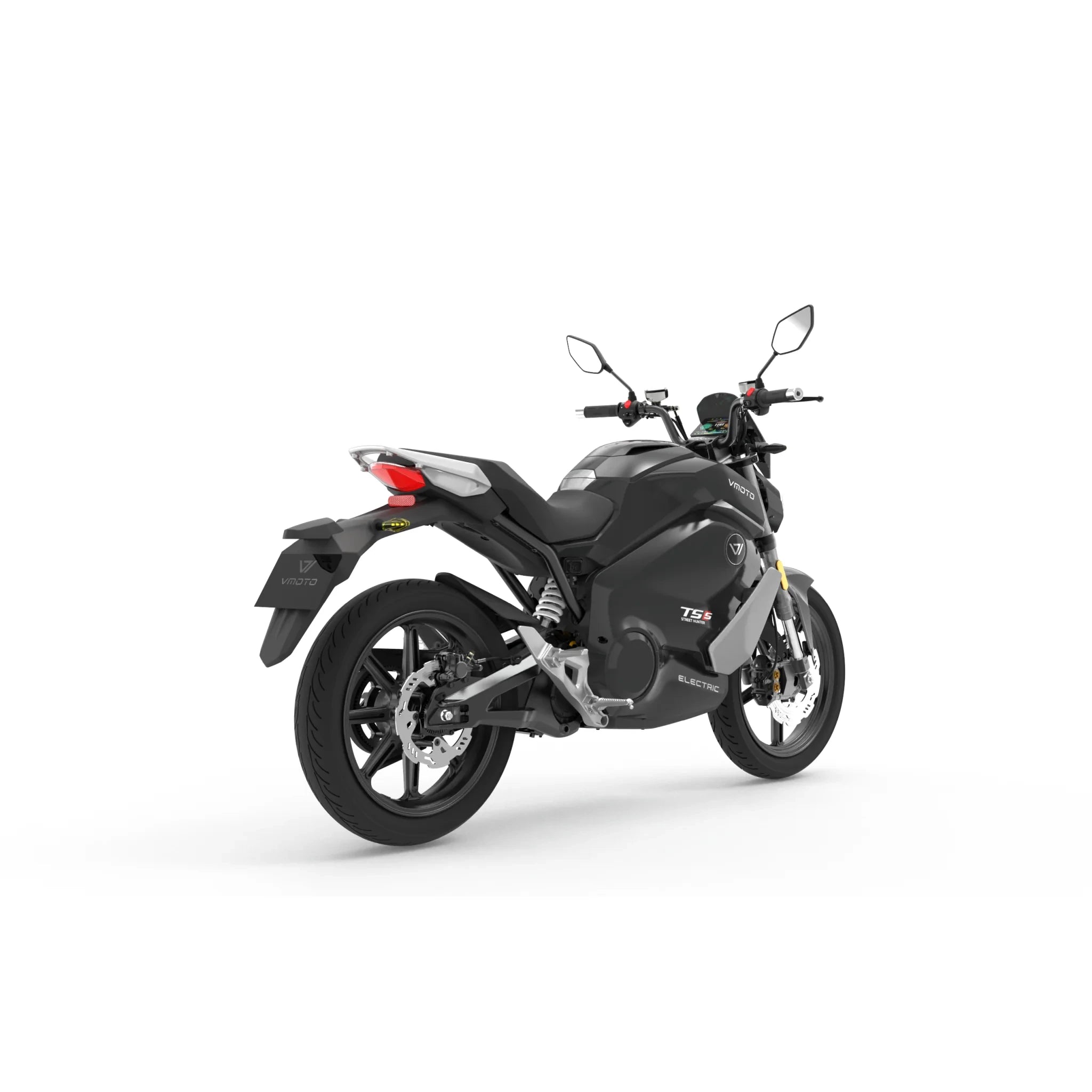 Ein schwarzes VMOTO E-Motorrad TS Street Hunter S 105 km/h wird von hinten links gezeigt, wobei das schlanke Design, die Doppelspiegel und der moderne Look vor einem schlichten weißen Hintergrund hervorgehoben werden.
