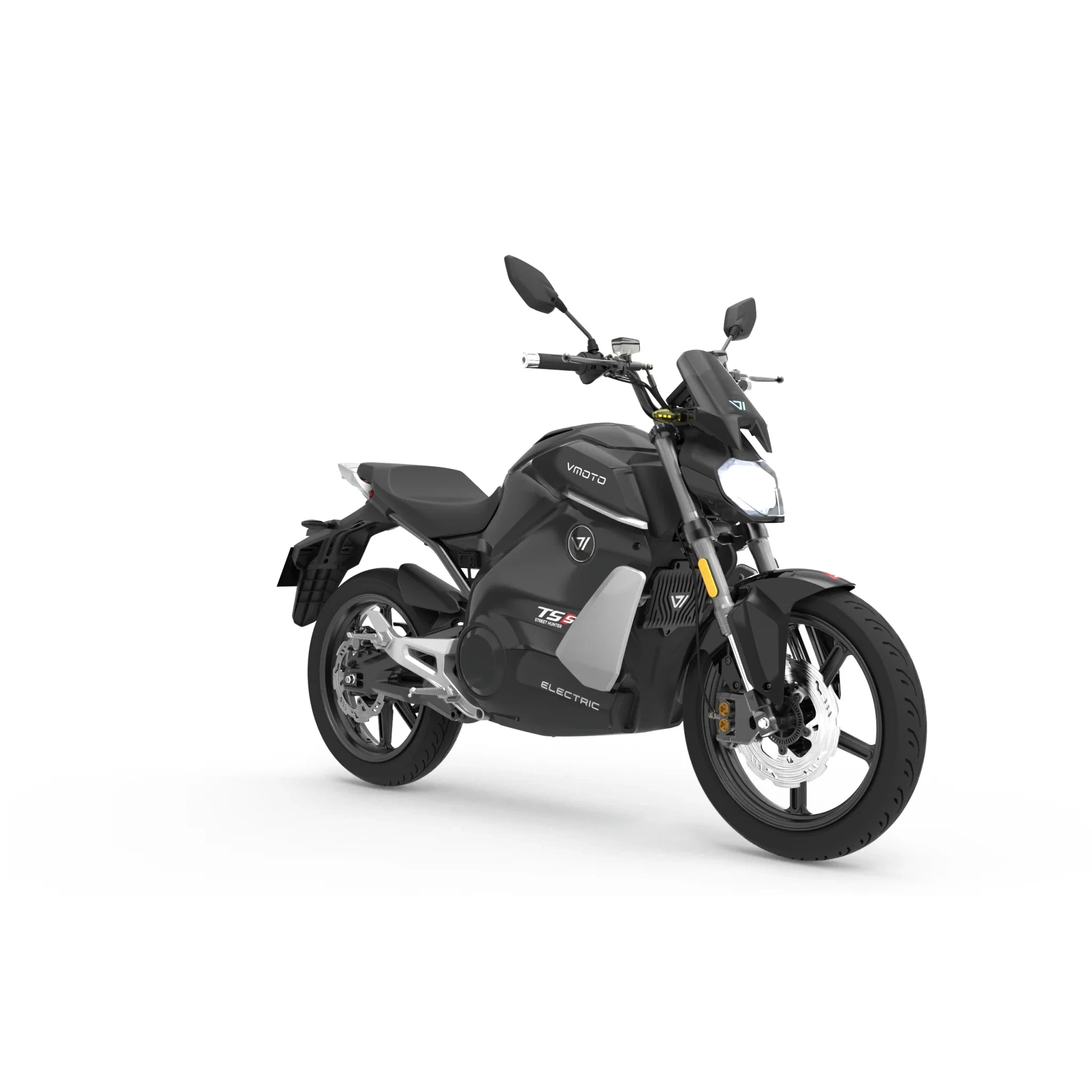 Das VMOTO E-Motorrad TS Street Hunter S 105 km/h ist ein schwarz-graues, sportliches Elektromotorrad mit aufrechtem Lenker und Einzelsitz, abgebildet auf weißem Hintergrund.