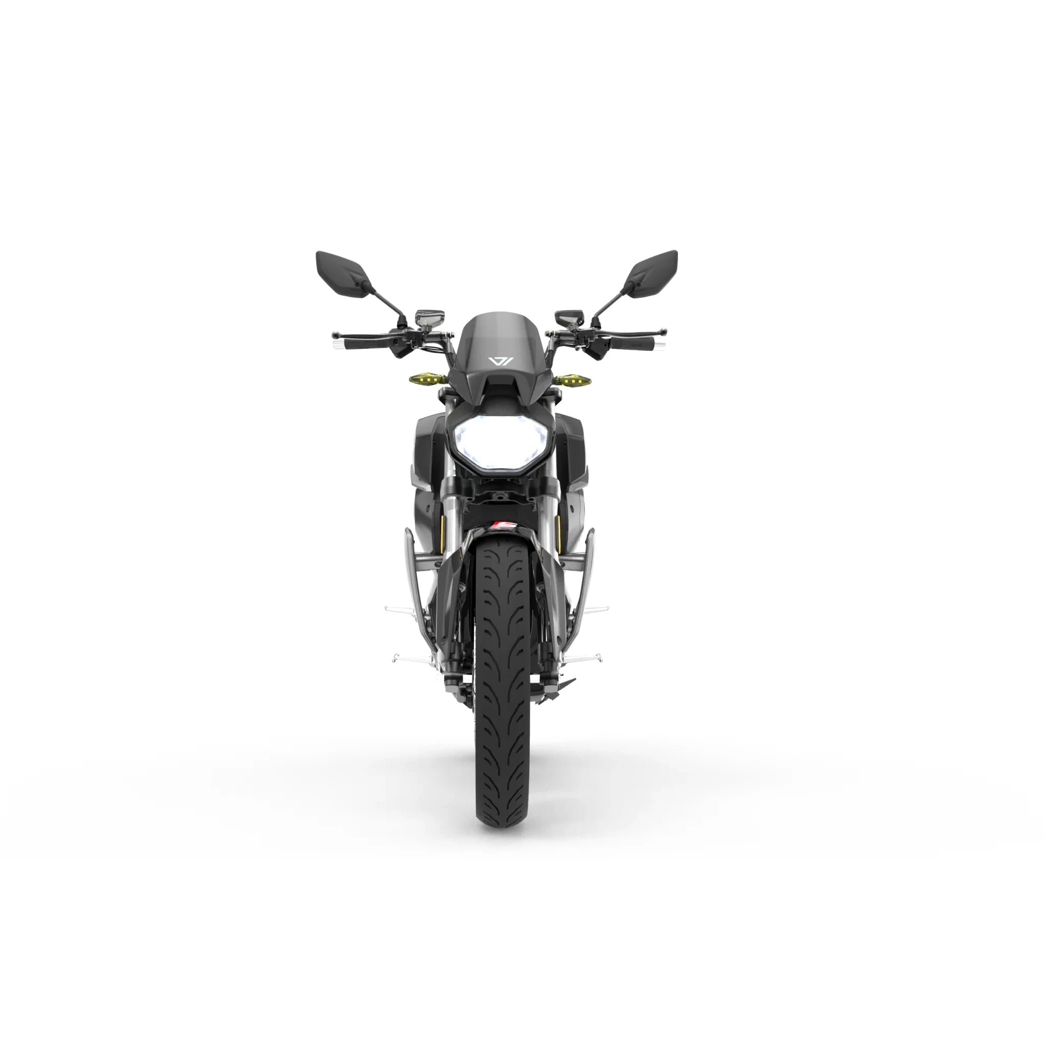 Frontansicht des VMOTO E-Motorrad TS Street Hunter S 105 km/h von VMOTO, dargestellt in schlichtem Schwarz und Silber mit Rückspiegeln, Scheinwerfern und sichtbarem Reifenprofil, vor einem schlichten weißen Hintergrund.