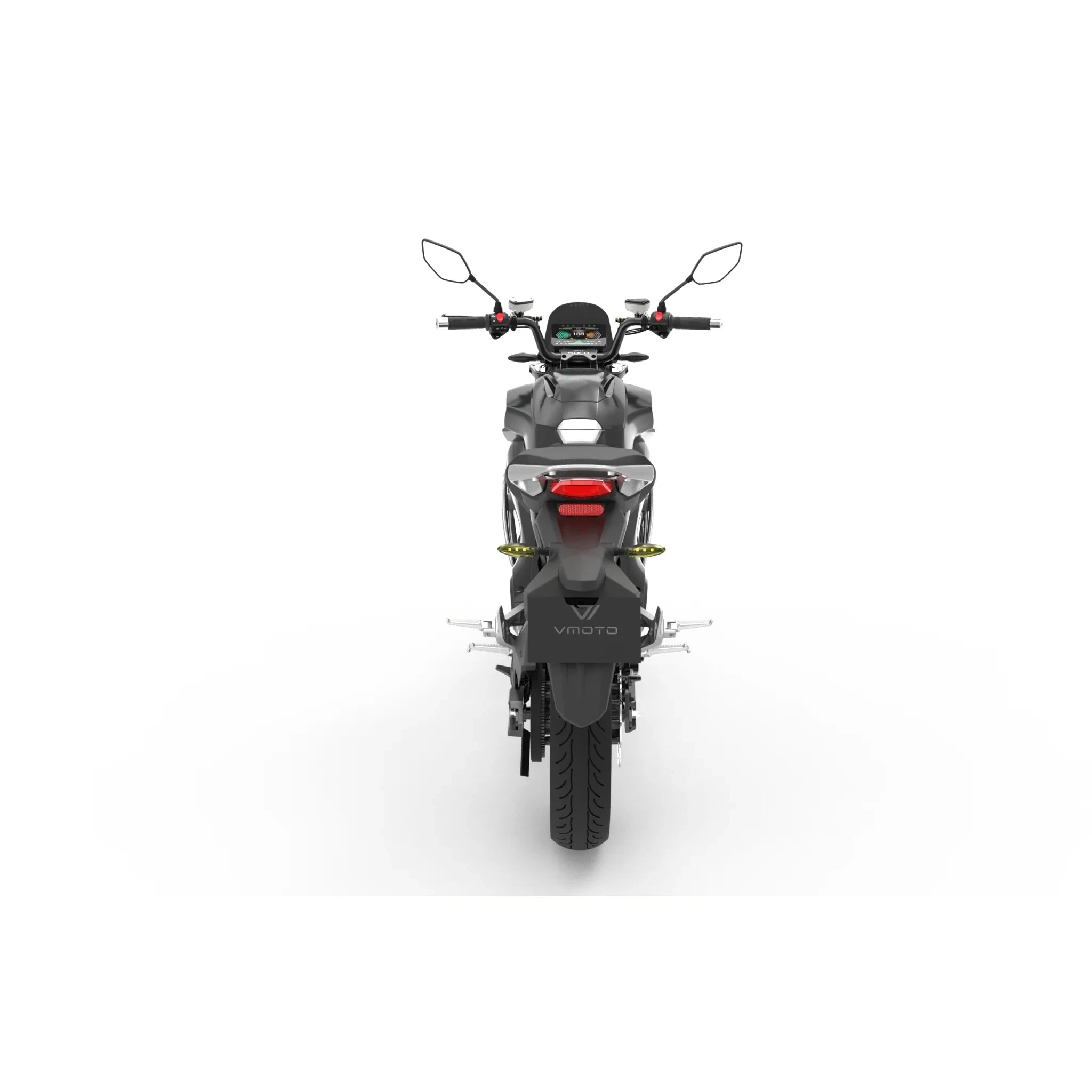 Rückansicht des VMOTO E-Motorrad TS Street Hunter S 105 km/h, eines schwarzen E-Motorrads von VMOTO, vor einem weißen Hintergrund, der den Hinterreifen, das Rücklicht, den Sitz, die Spiegel und den Lenker hervorhebt.
