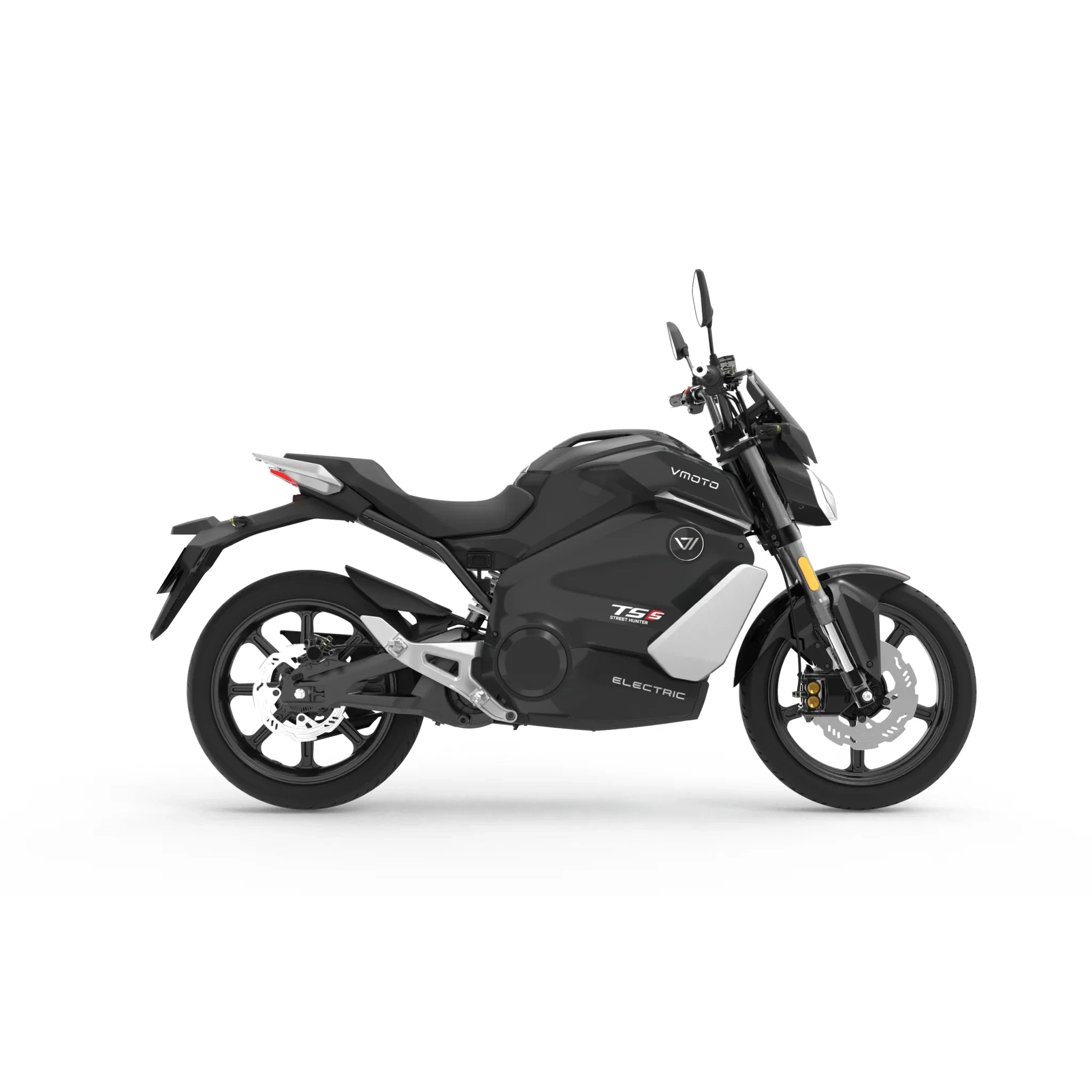 Seitenansicht des schnittigen VMOTO E-Motorrad TS Street Hunter S 105 km/h, schwarz-weiß mit modernem Design, "TSx"- und "ELECTRIC"-Schriftzug auf der Seite, vor einem schlichten weißen Hintergrund.