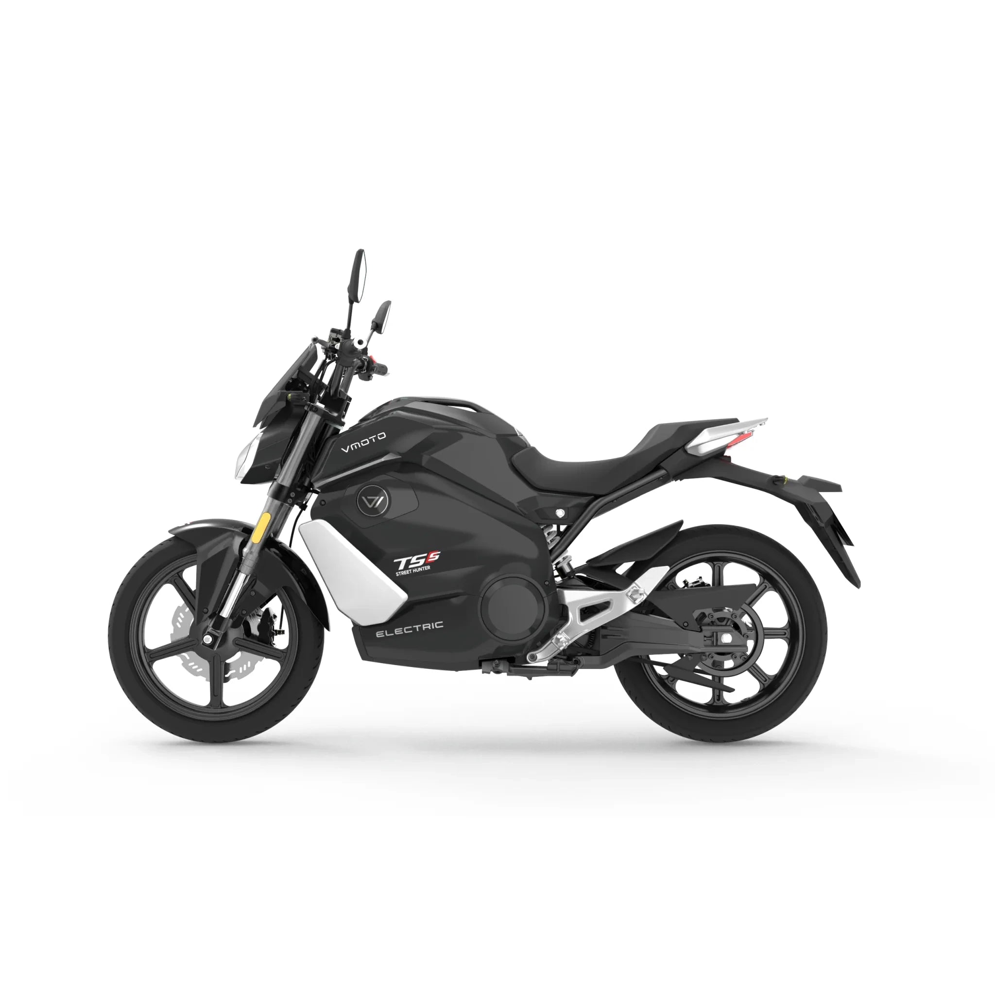 Das VMOTO E-Motorrad TS Street Hunter S 105 km/h, ein schnittiges schwarz-weißes Motorrad mit sportlichem Design, ist im Profil auf einem schlichten weißen Hintergrund abgebildet und trägt den VMOTO-Schriftzug und die Elektrolabel an der Seite.